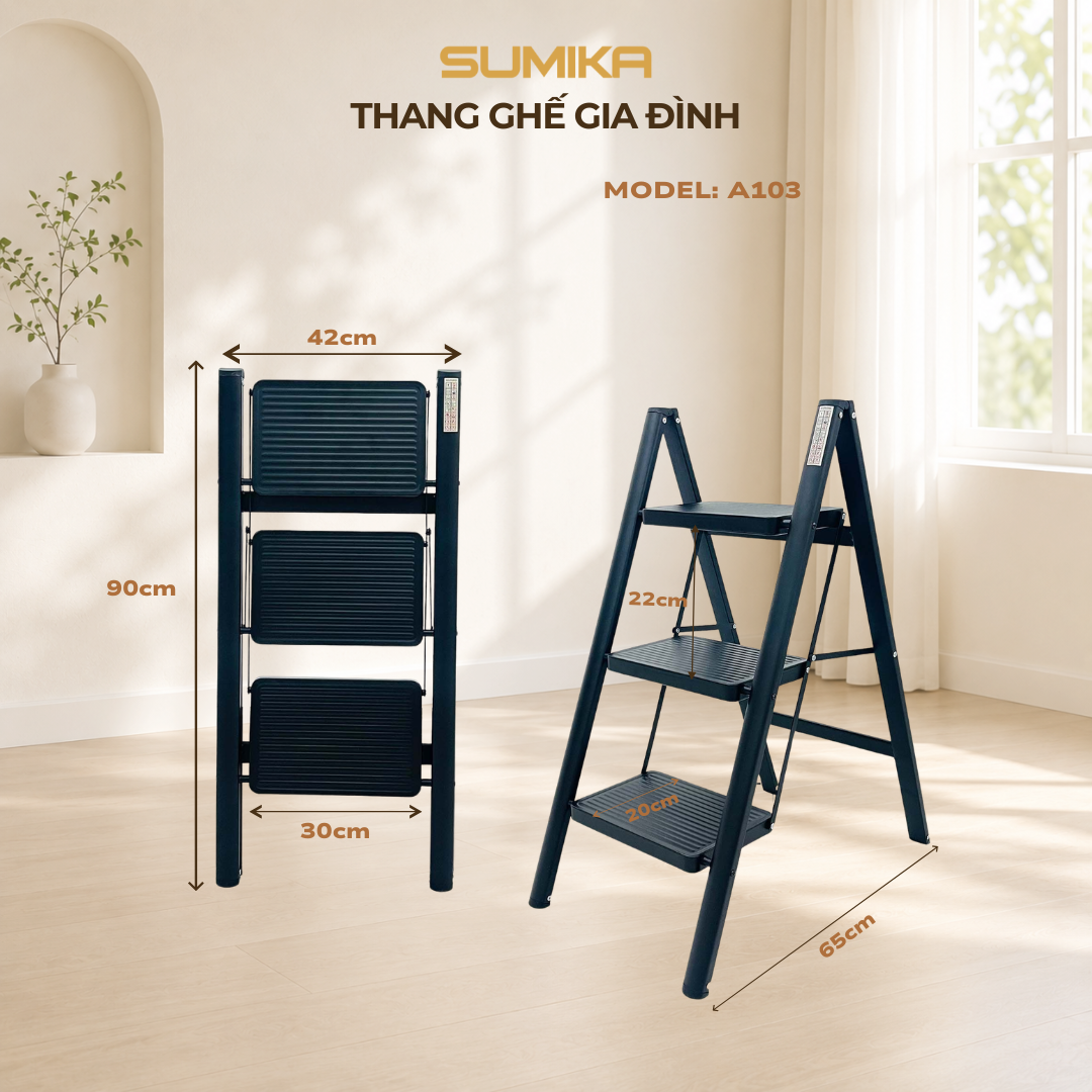 Thang Ghế 3 Bậc SUMIKA A103 - Th&eacute;p Sơn Tĩnh điện, Tải 150kg