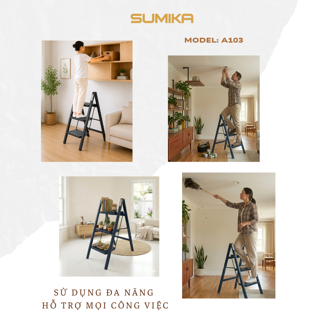 Thang Ghế 3 Bậc SUMIKA A103 - Th&eacute;p Sơn Tĩnh điện, Tải 150kg
