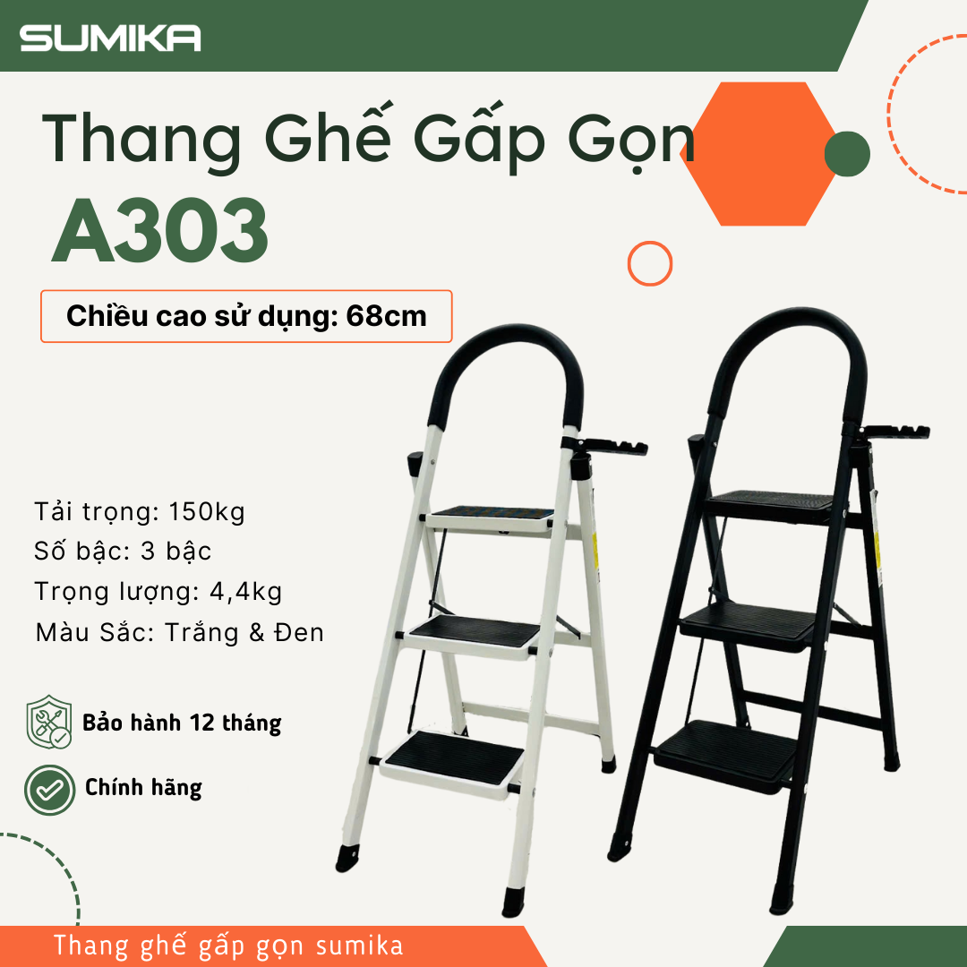 Thang Ghế 3 Bậc SUMIKA A303 - Thép Chịu Lực, Tải 150kg, Bản Bậc Rộng, Nhẹ 4.4kg, Chuẩn EN131