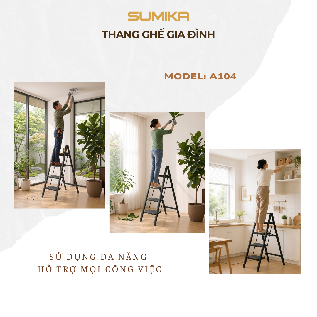 Thang Ghế 4 Bậc SUMIKA A104 - Thép Sơn Tĩnh điện, Tải 150kg, Cao 94cm