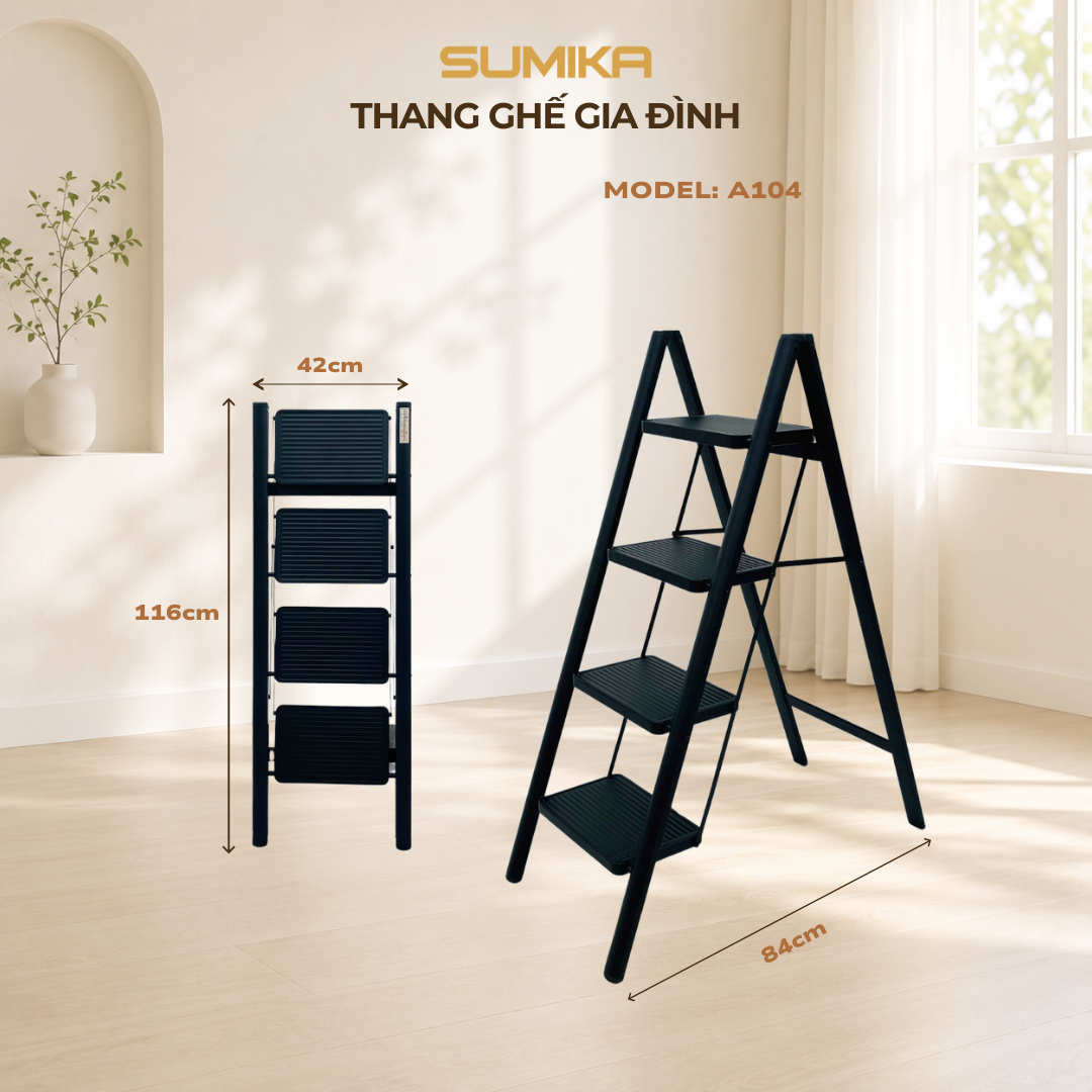 Thang Ghế 4 Bậc SUMIKA A104 - Th&eacute;p Sơn Tĩnh điện, Tải 150kg, Cao 94cm