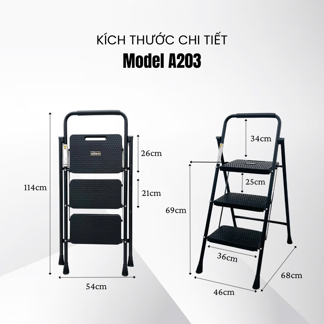 Thang Ghế Gia đình 3 Bậc SUMIKA A203 - Thép Carbon Chịu Lực 150kg, Gấp Gọn 114cm