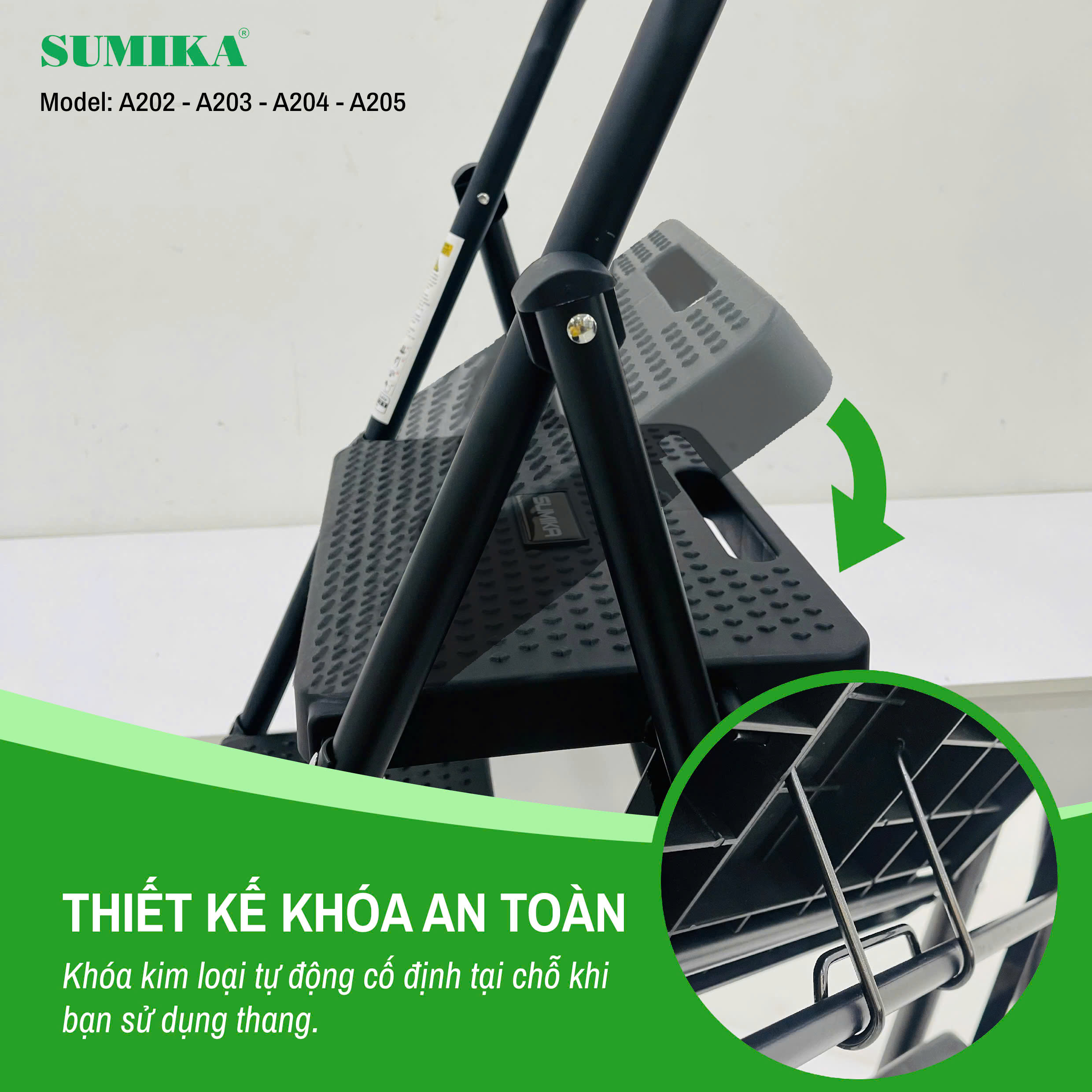 Thang Ghế Gia đình 3 Bậc SUMIKA A203 - Thép Carbon Chịu Lực 150kg, Gấp Gọn 114cm
