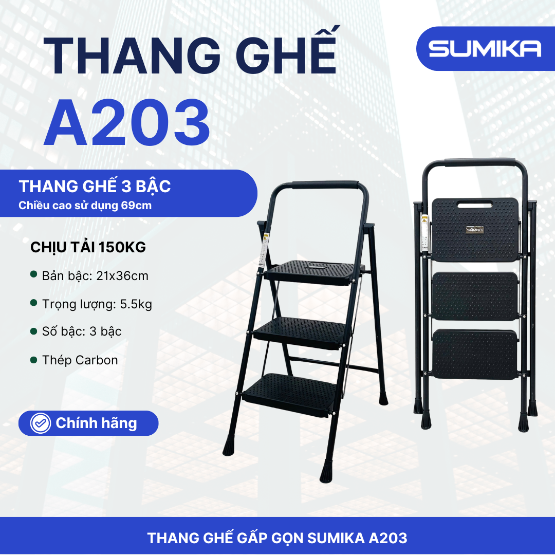 Thang Ghế Gia đình 3 Bậc SUMIKA A203 - Thép Carbon Chịu Lực 150kg, Gấp Gọn 114cm