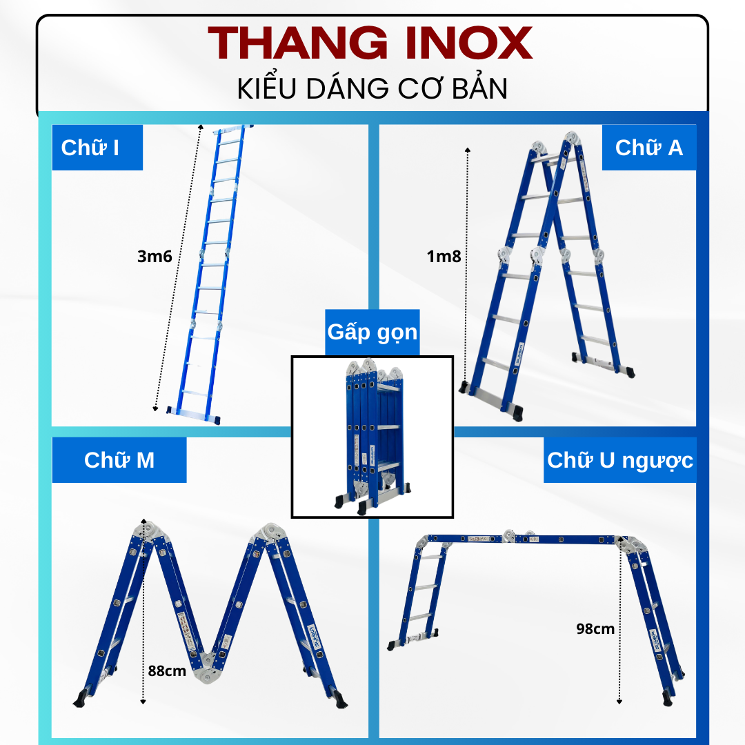 Thang Inox Gấp 4 đoạn SUMIKA SKS603 - Chữ A 1.7m, Chữ I 3.4m, Tải 300kg