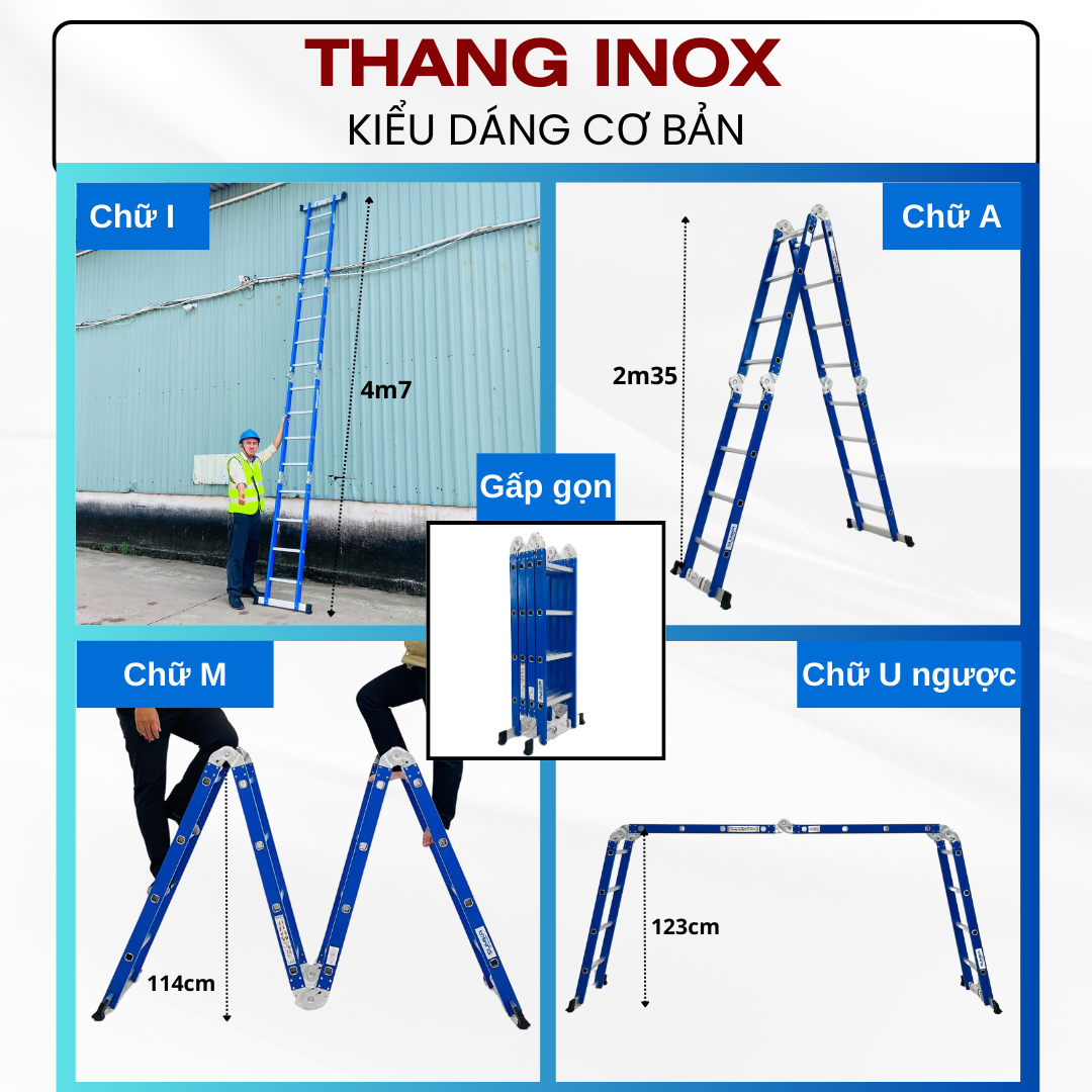 Thang Inox Gấp 4 đoạn SUMIKA SKS604 - Chữ A 2.35m / I 4.7m, Tải 300kg