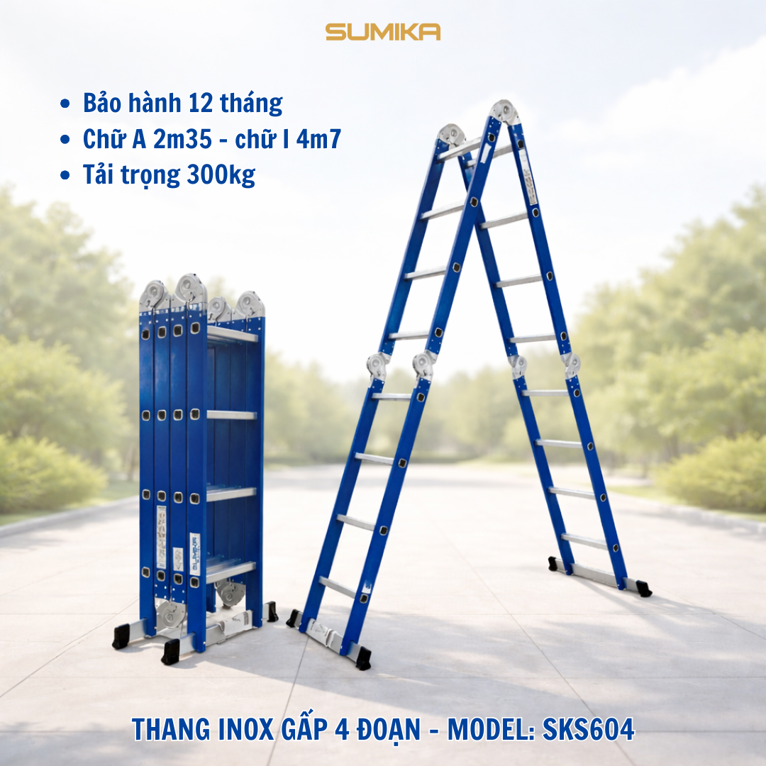 Thang Inox Gấp 4 đoạn SUMIKA SKS604 - Chữ A 2.35m / I 4.7m, Tải 300kg