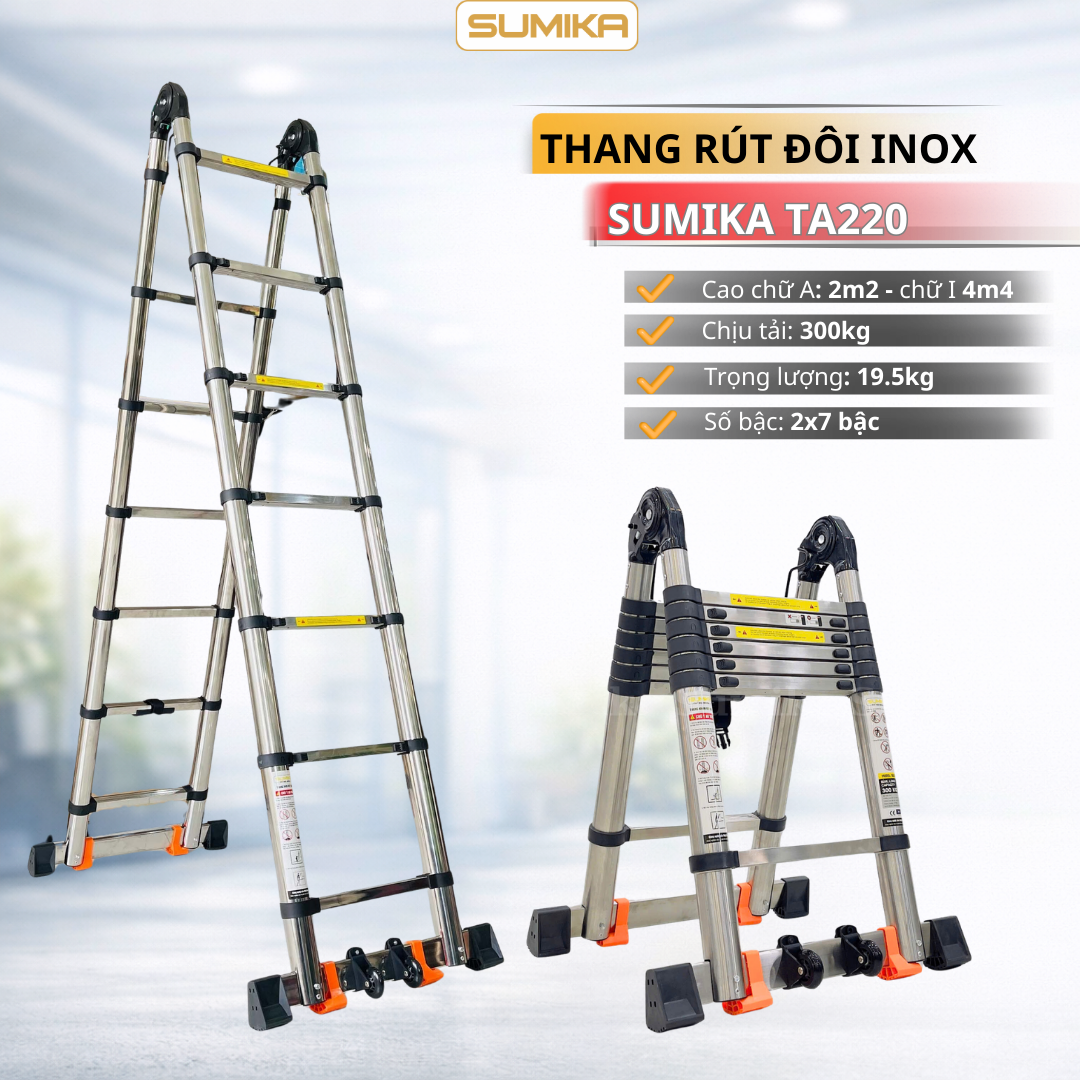 Thang Inox Rút đôi SUMIKA TA220 - Rút 4.4m, Tải 300kg, Chuẩn EN131