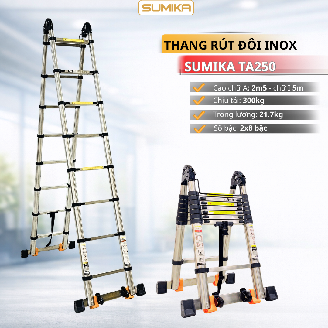 Thang Inox Rút đôi SUMIKA TA250 - Rút Gọn Nhanh, Tải Trọng 300kg, Inox Chống Gỉ