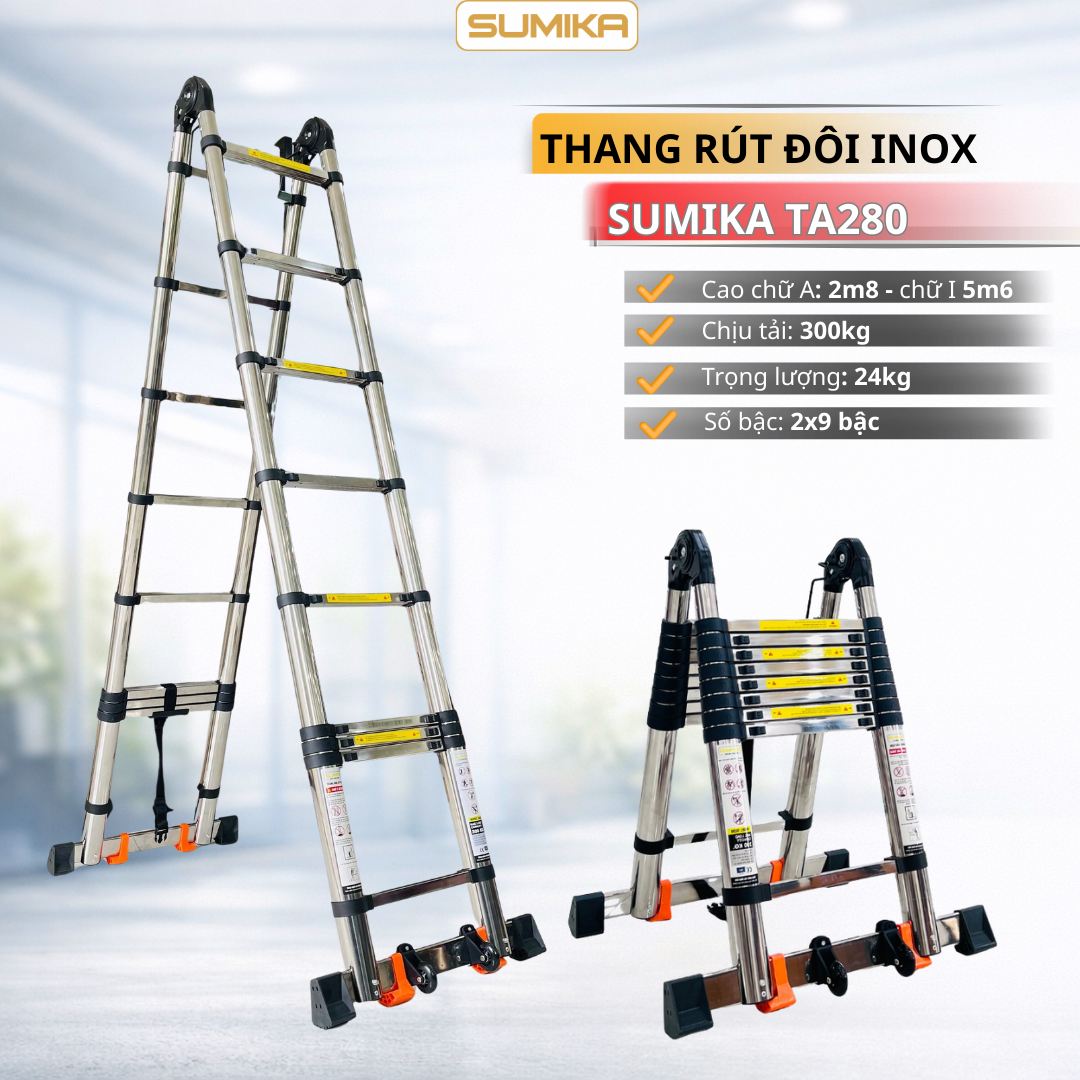 Thang Inox Rút đôi SUMIKA TA280 - 2x9 Bậc, Tải 300kg, Cao Tối đa 5.6m