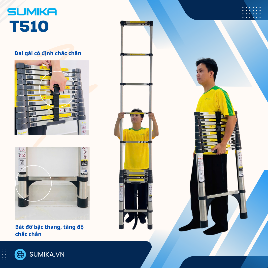 Thang Inox Rút Đơn SUMIKA T510 - Cao 5.1m, Tải 300kg, đạt EN131