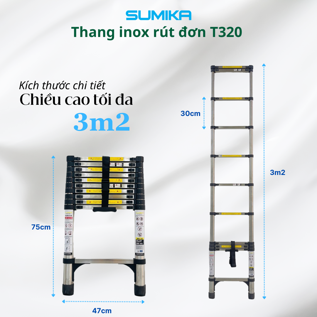 Thang Inox Rút Gọn SUMIKA T320 3.2m - Inox 1mm, 11 Bậc, Tải Trọng 300kg, EN131