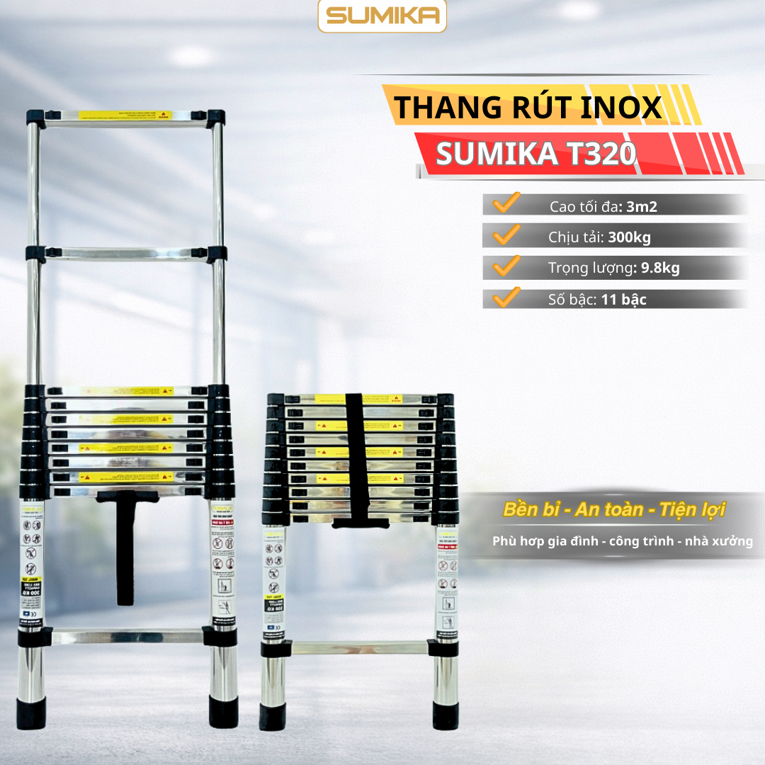 Thang Inox Rút Gọn SUMIKA T320 3.2m - Inox 1mm, 11 Bậc, Tải Trọng 300kg, EN131