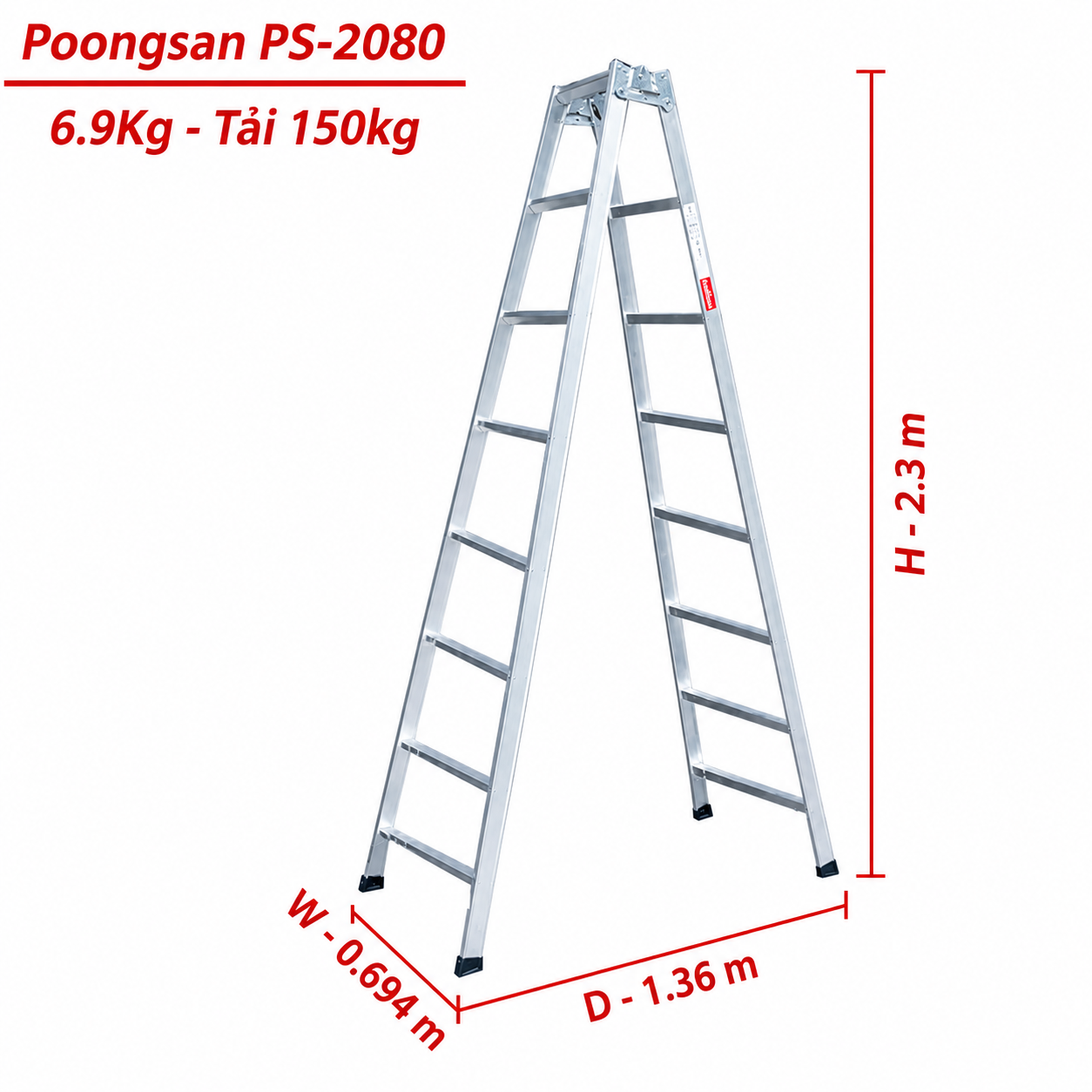 Thang Nhôm Chữ A Cao 2m3 8 Bậc Poongsan PS-2080, Chính Hãng Nhập Khẩu Hàn Quốc PS 2080