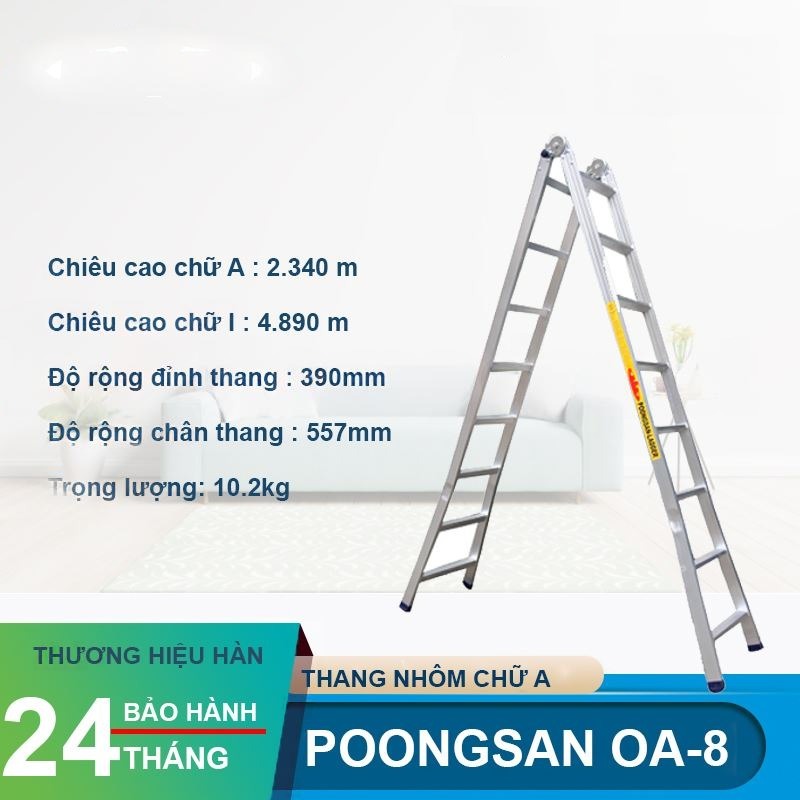 Thang Nhôm Chữ A Cao 2m34 8 Bậc Khóa Sập Tự Động Poongsan OA-8