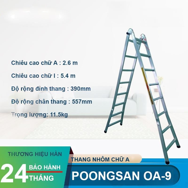 Thang Nhôm Chữ A Cao 2m6 9 Bậc Khóa Sập Tự Động Poongsan OA-9