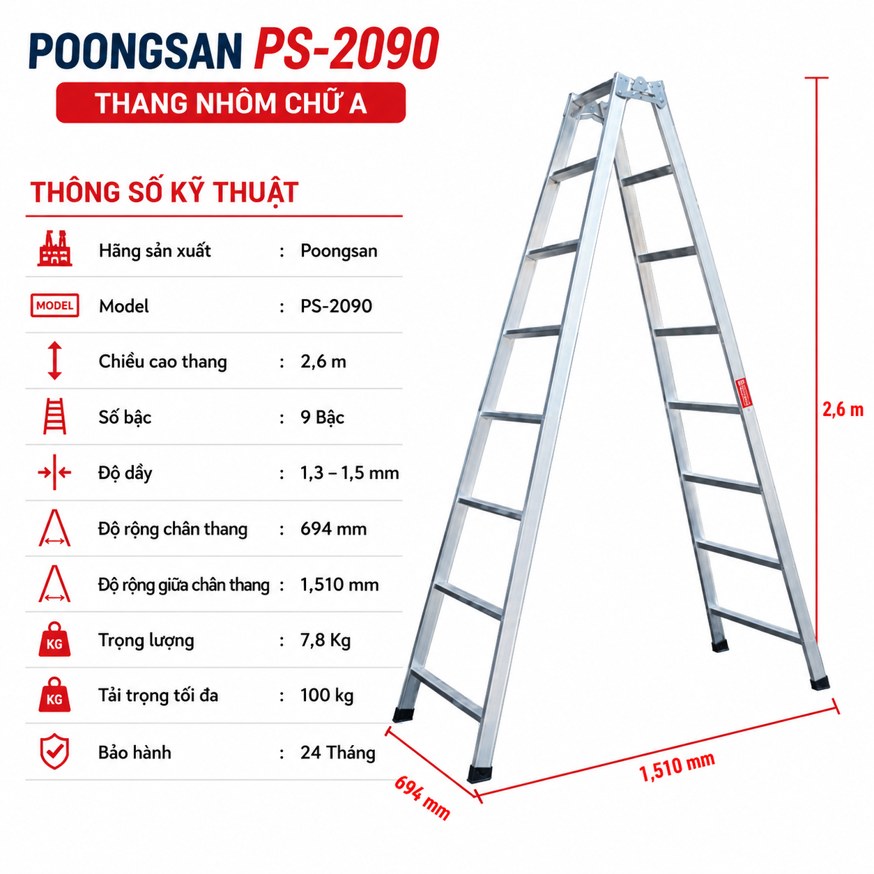 Thang Nhôm Chữ A Cao 2m6 9 Bậc Poongsan PS-2090, Chính Hãng Nhập Khẩu Hàn Quốc PS 2090
