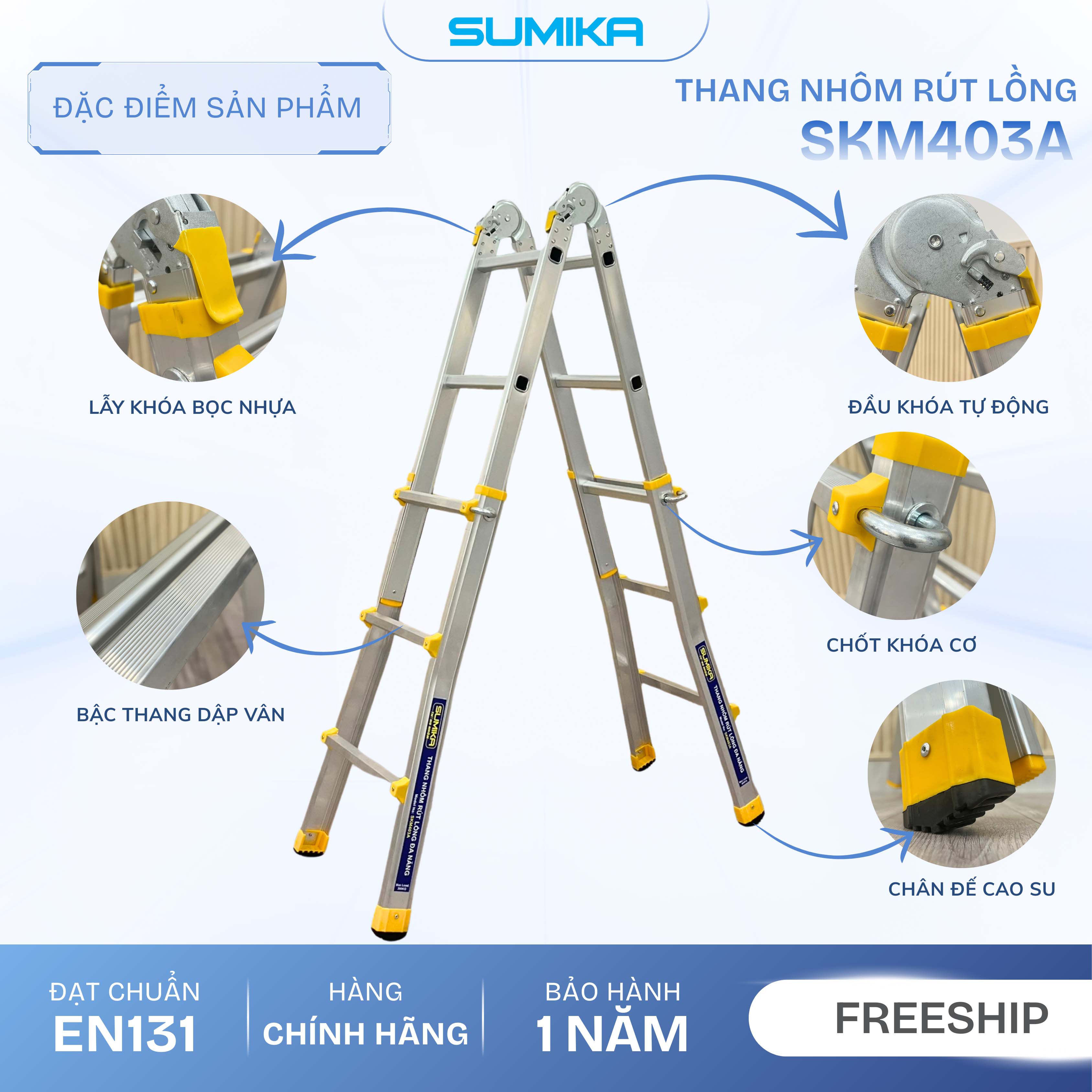Thang Nhôm Chữ A Rút Lồng SUMIKA SKM403 | Chữ A Cao 1.4m, Gọn Nhẹ, An Toàn