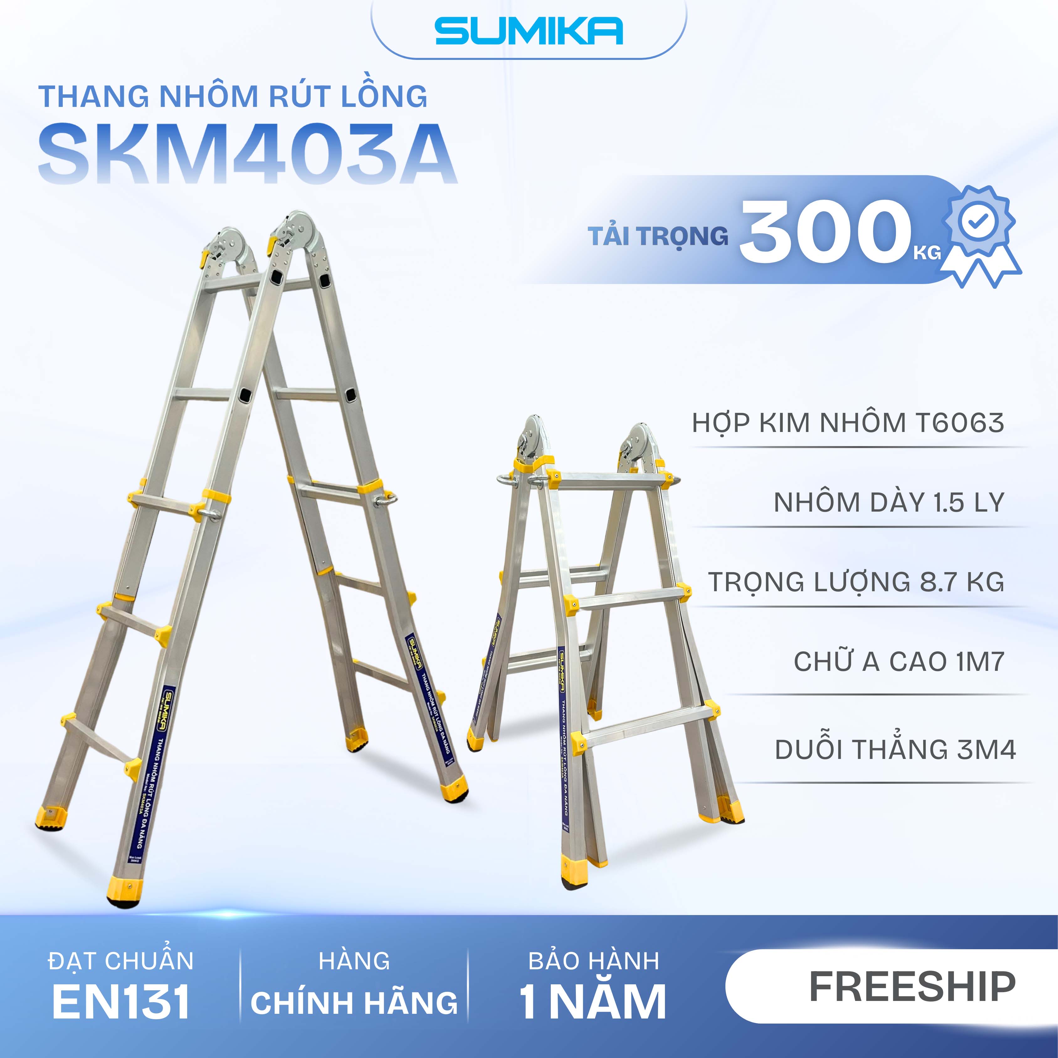 Thang Nhôm Chữ A Rút Lồng SUMIKA SKM403A - Chữ A 1.7m, Rút Gọn, Tải 300kg