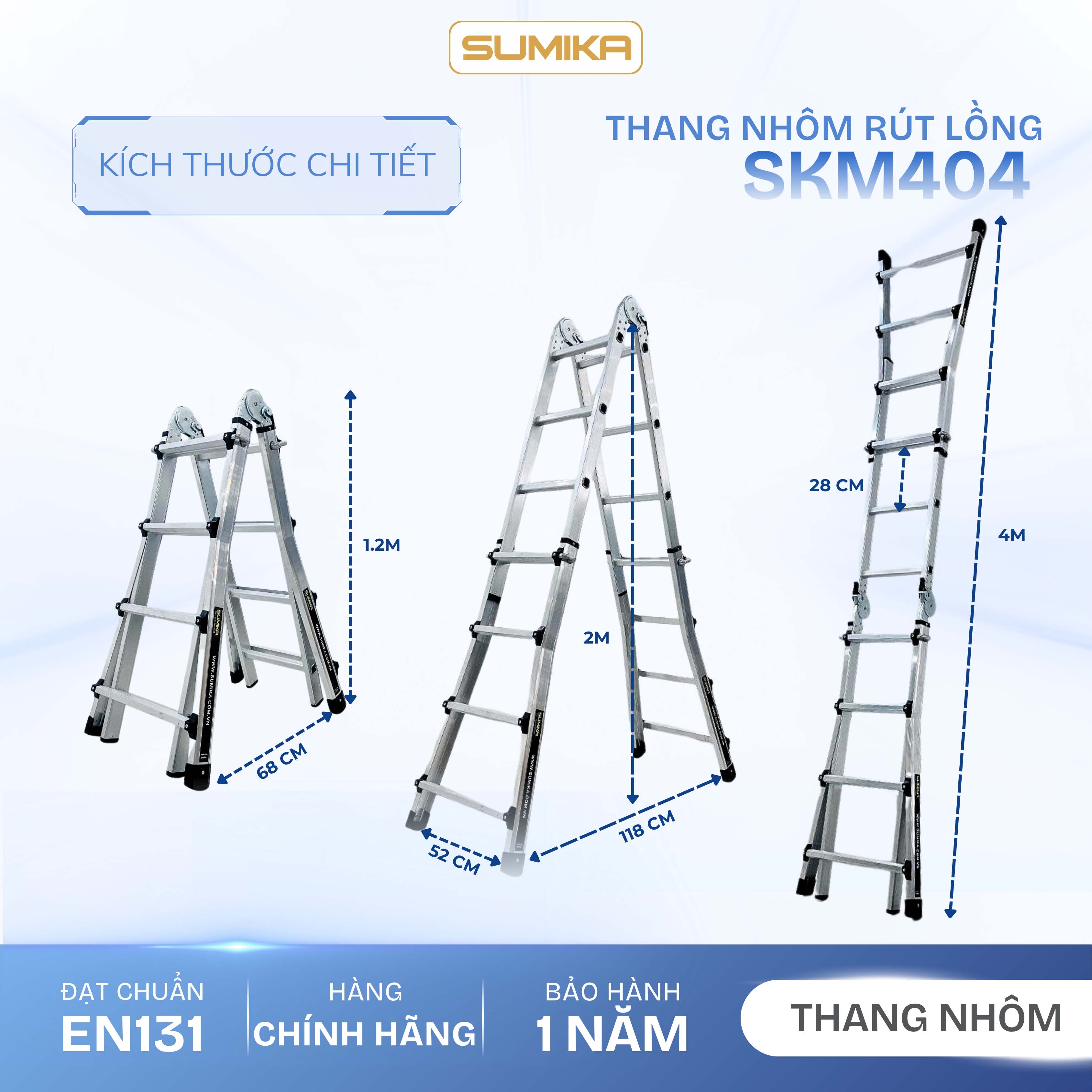 Thang Nhôm Chữ A Rút Lồng SUMIKA SKM404 - Chữ A 2.0m, Rút Gọn Tiện Lợi