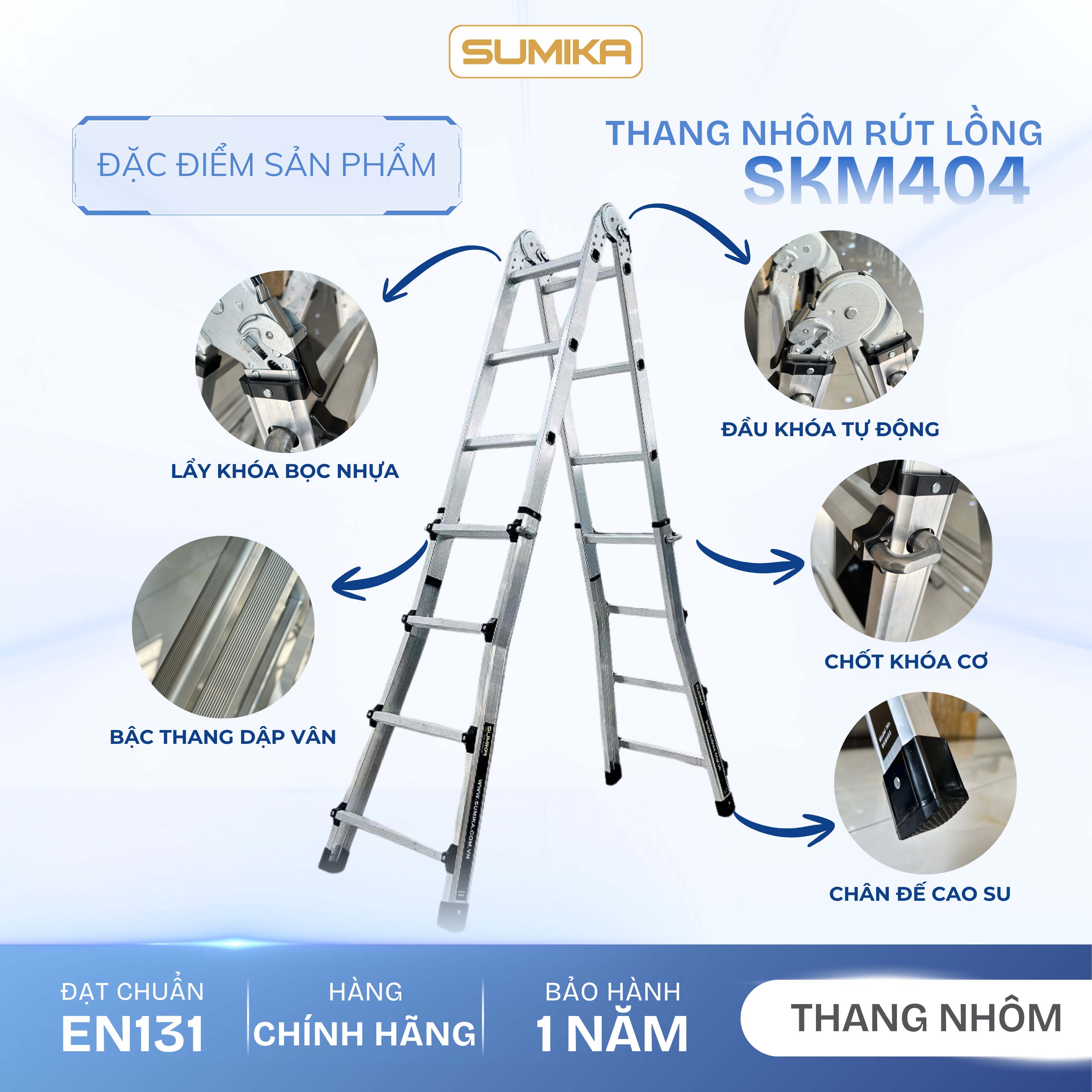 Thang Nhôm Chữ A Rút Lồng SUMIKA SKM404 - Chữ A 2.0m, Rút Gọn Tiện Lợi