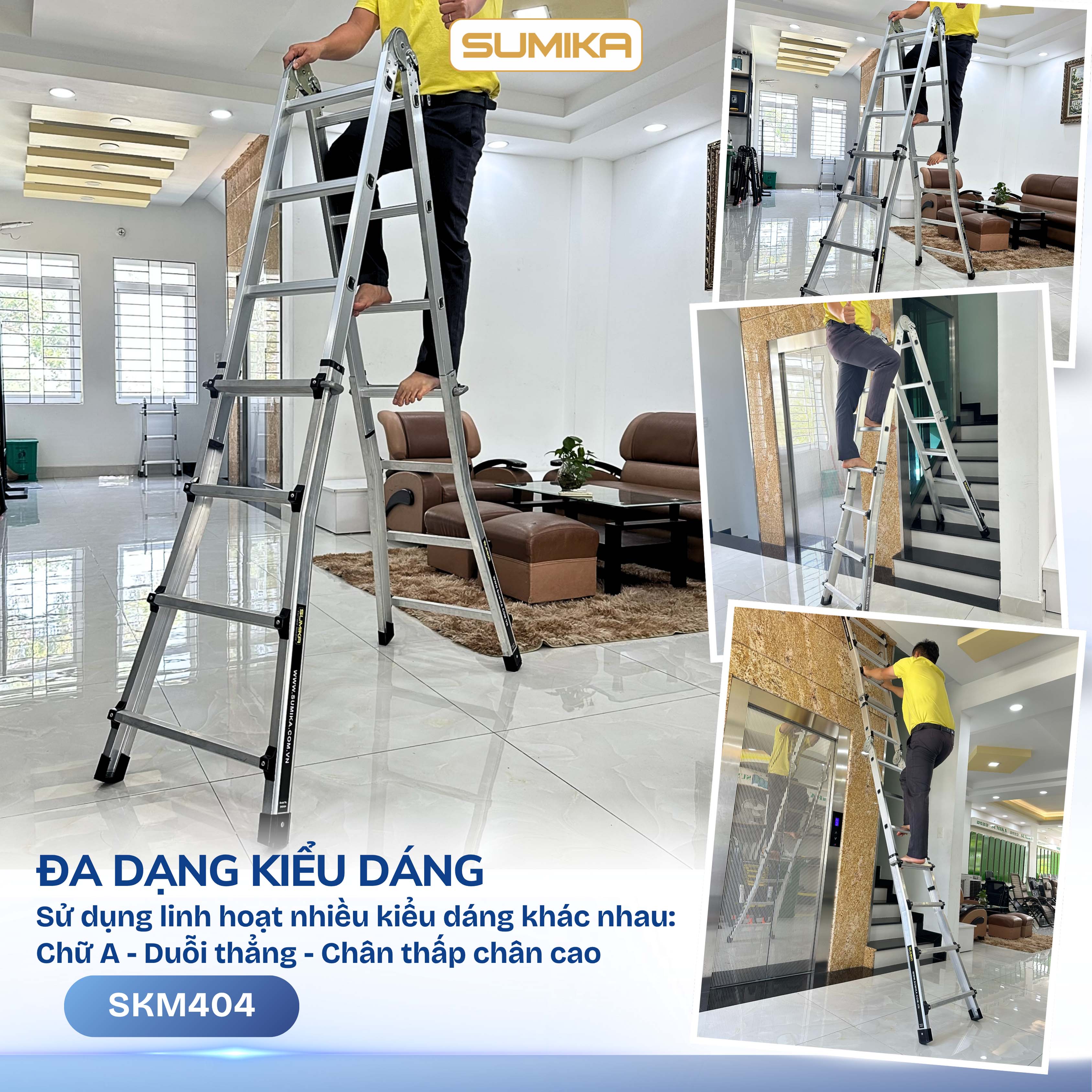 Thang Nhôm Chữ A Rút Lồng SUMIKA SKM404 - Chữ A 2.0m, Rút Gọn Tiện Lợi