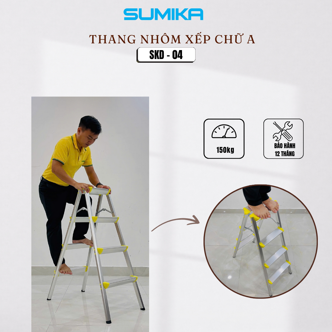 Thang Nhôm Dạng Bậc Ghế SUMIKA SKD04 - Xếp Chữ A, Tải 100kg, Gọn Nhẹ