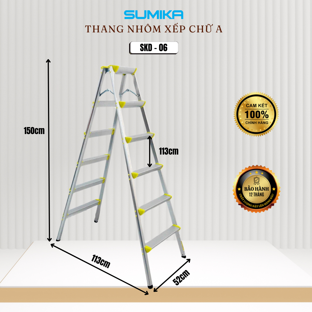 Thang Nhôm Dạng Bậc Ghế SUMIKA SKD06 - Gấp Gọn, Bậc Rộng 17cm, Chịu Tải 100kg