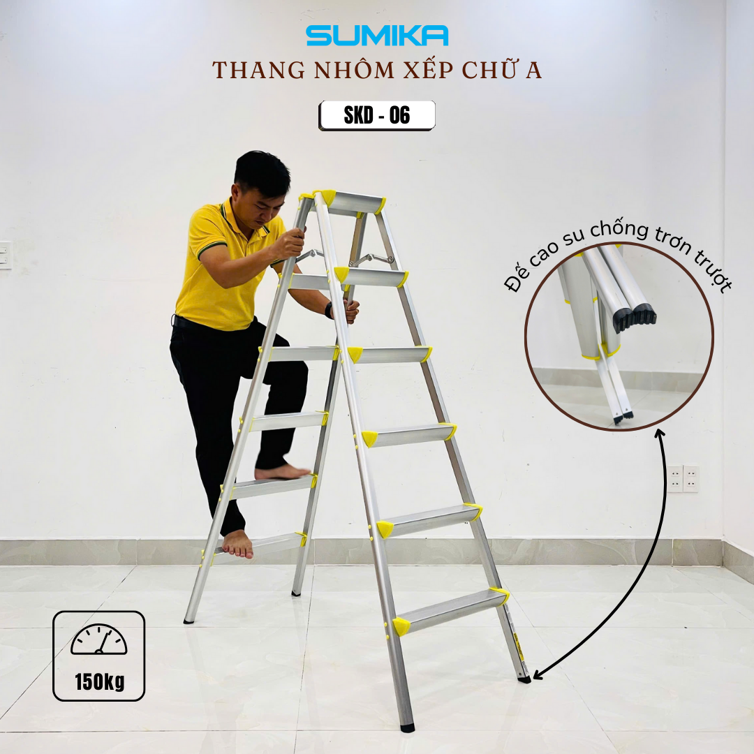 Thang Nhôm Dạng Bậc Ghế SUMIKA SKD06 - Gấp Gọn, Bậc Rộng 17cm, Chịu Tải 100kg