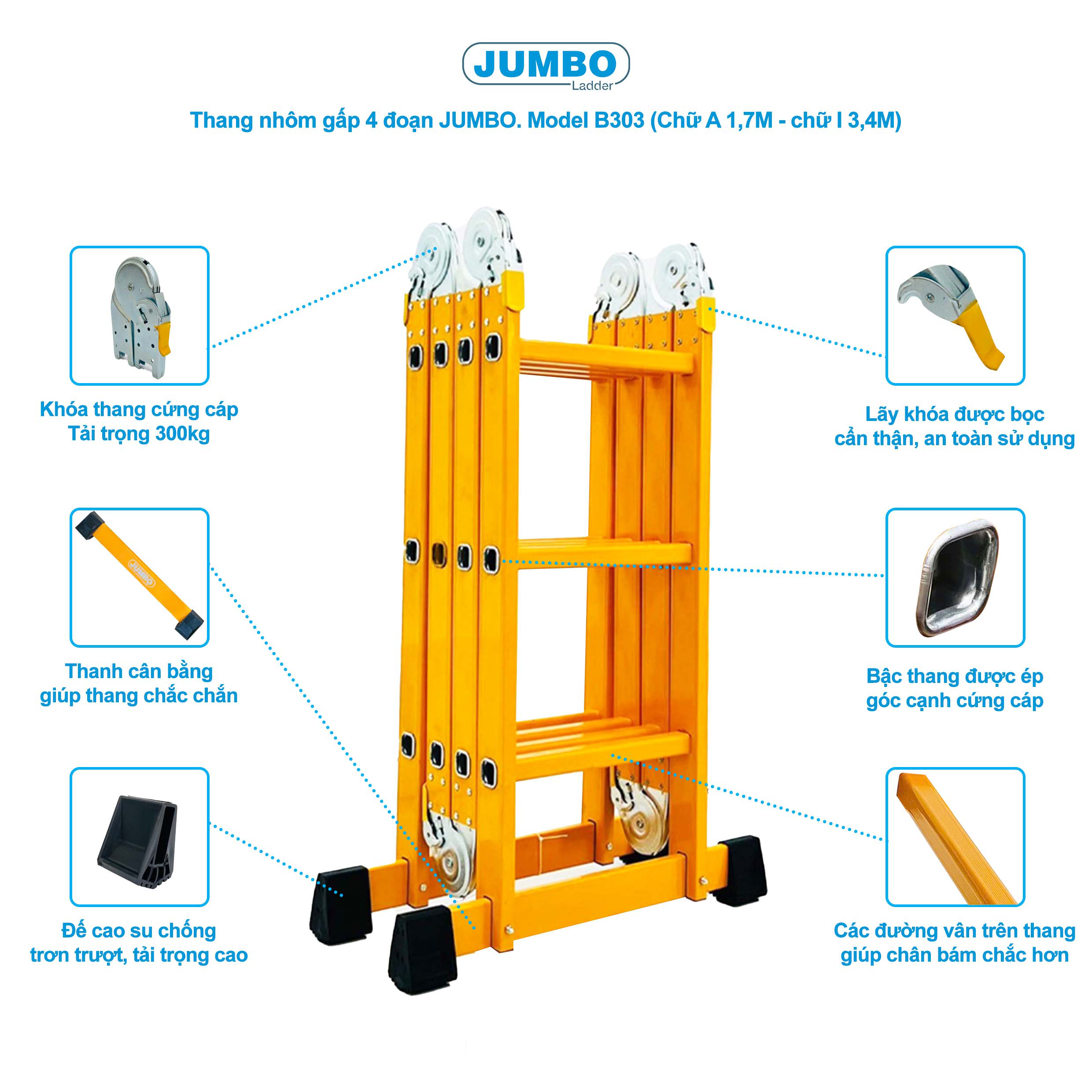 Thang nhôm gấp 4 đoạn JUMBO B303, chữ A cao 1.7m 6