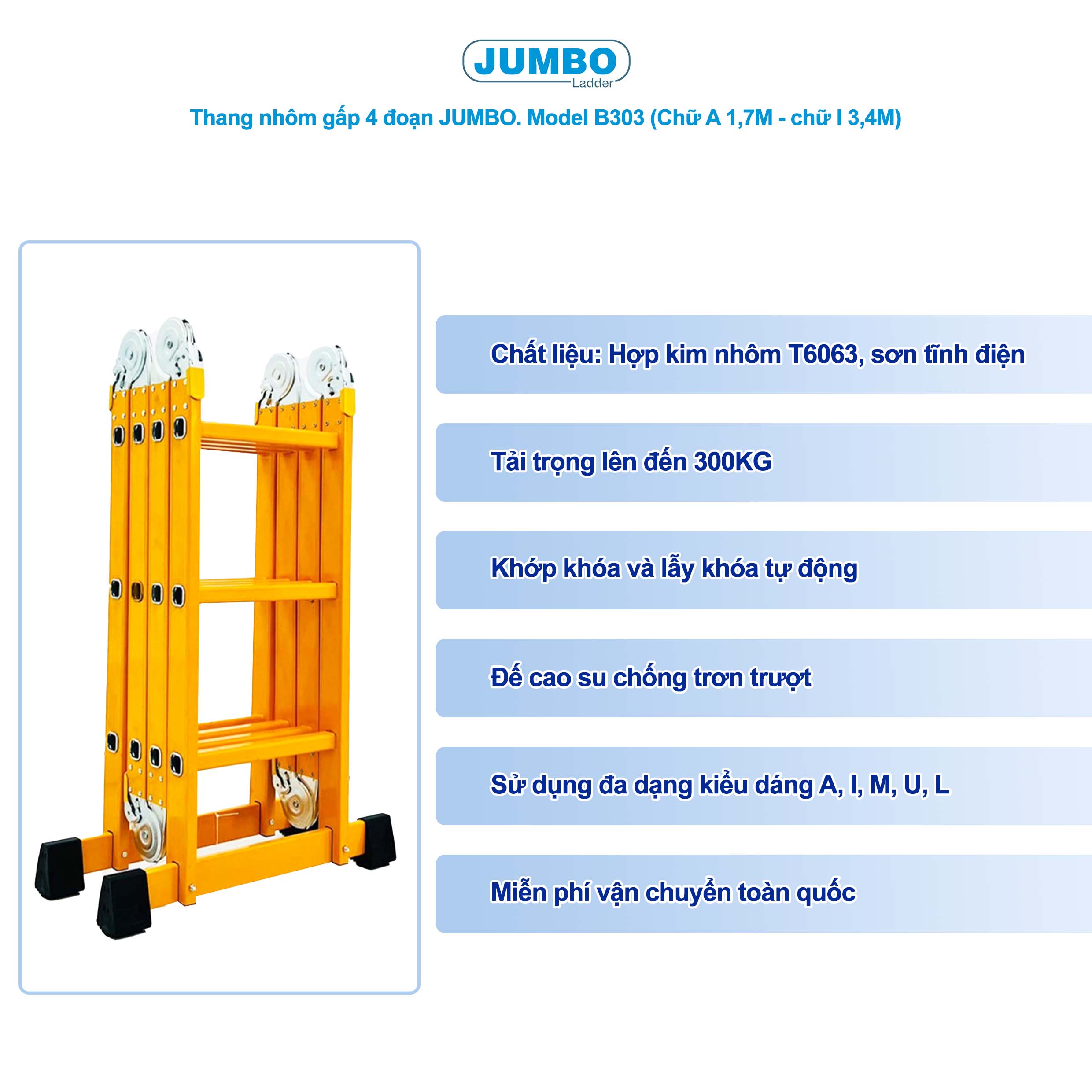 Thang nhôm gấp 4 đoạn JUMBO B303, chữ A cao 1.7m 5