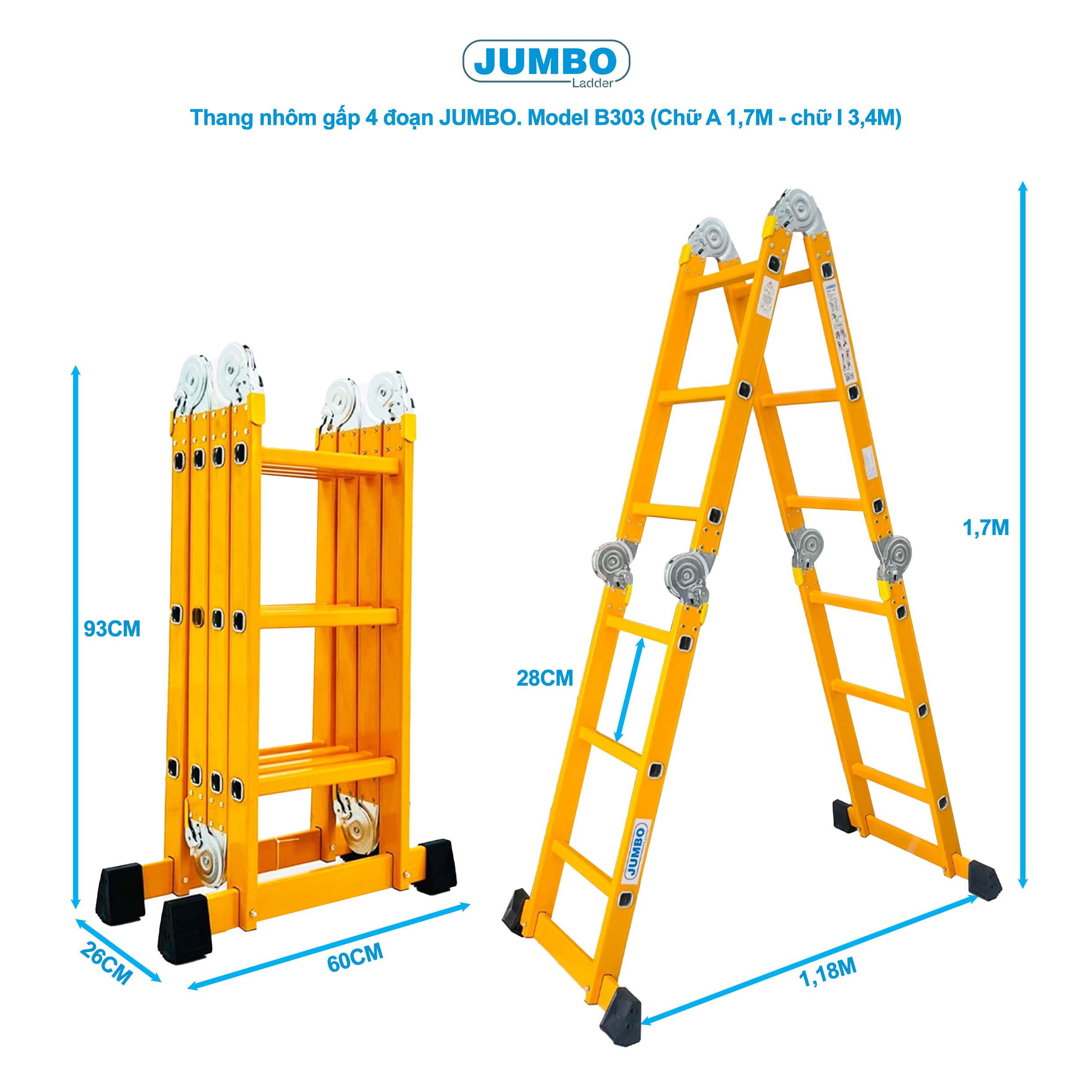 Thang nhôm gấp 4 đoạn JUMBO B303, chữ A cao 1.7m 4