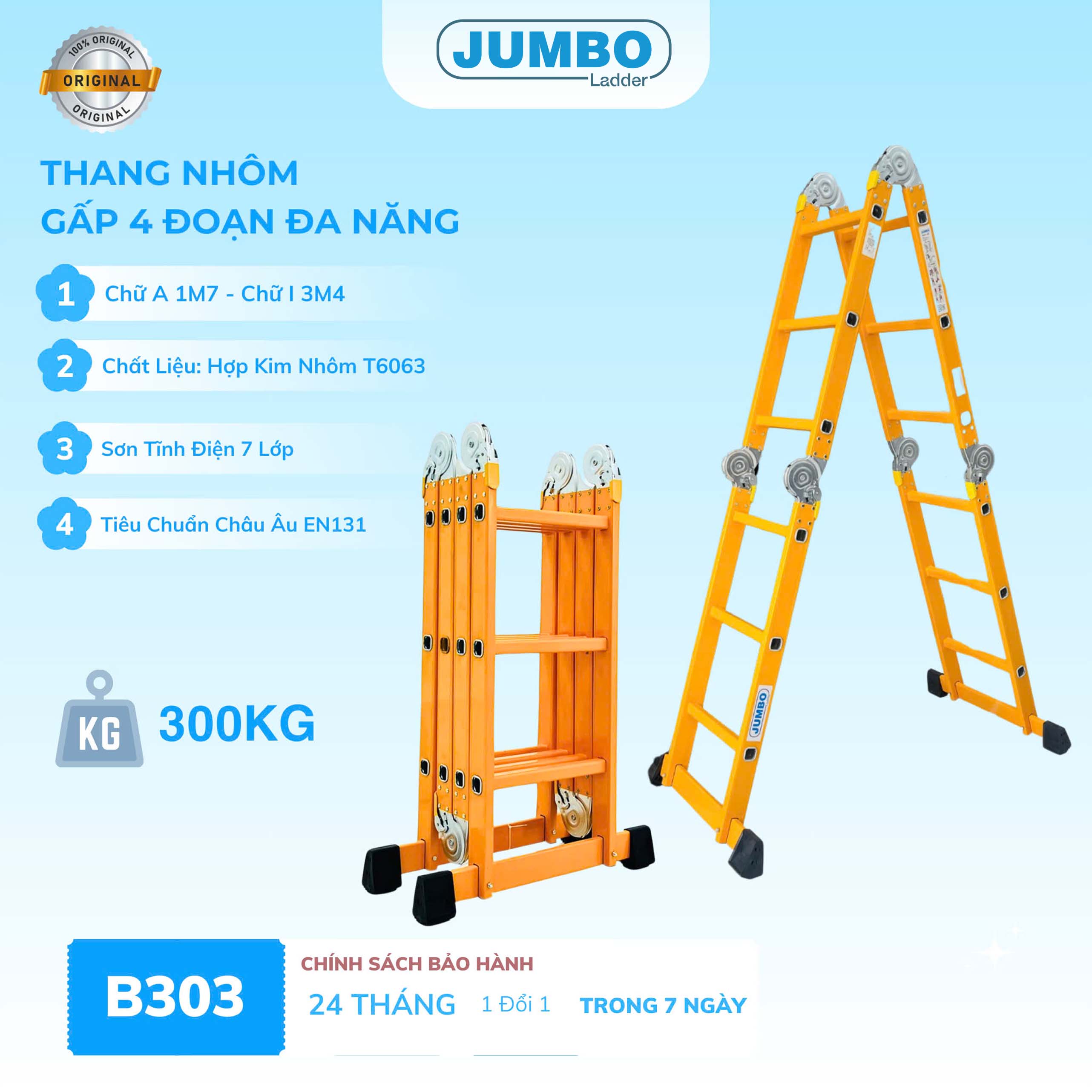 Thang nhôm gấp 4 đoạn JUMBO B303, chữ A cao 1.7m