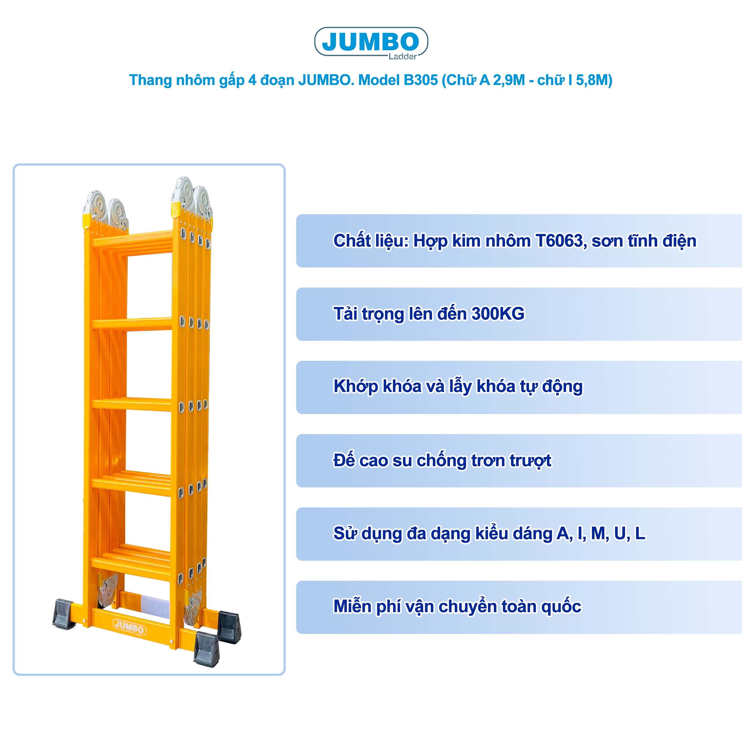 Thang Nhôm Gấp 4 đoạn JUMBO B305 - Chữ A 2.8m, Tải 300kg, Nhẹ 15.3kg