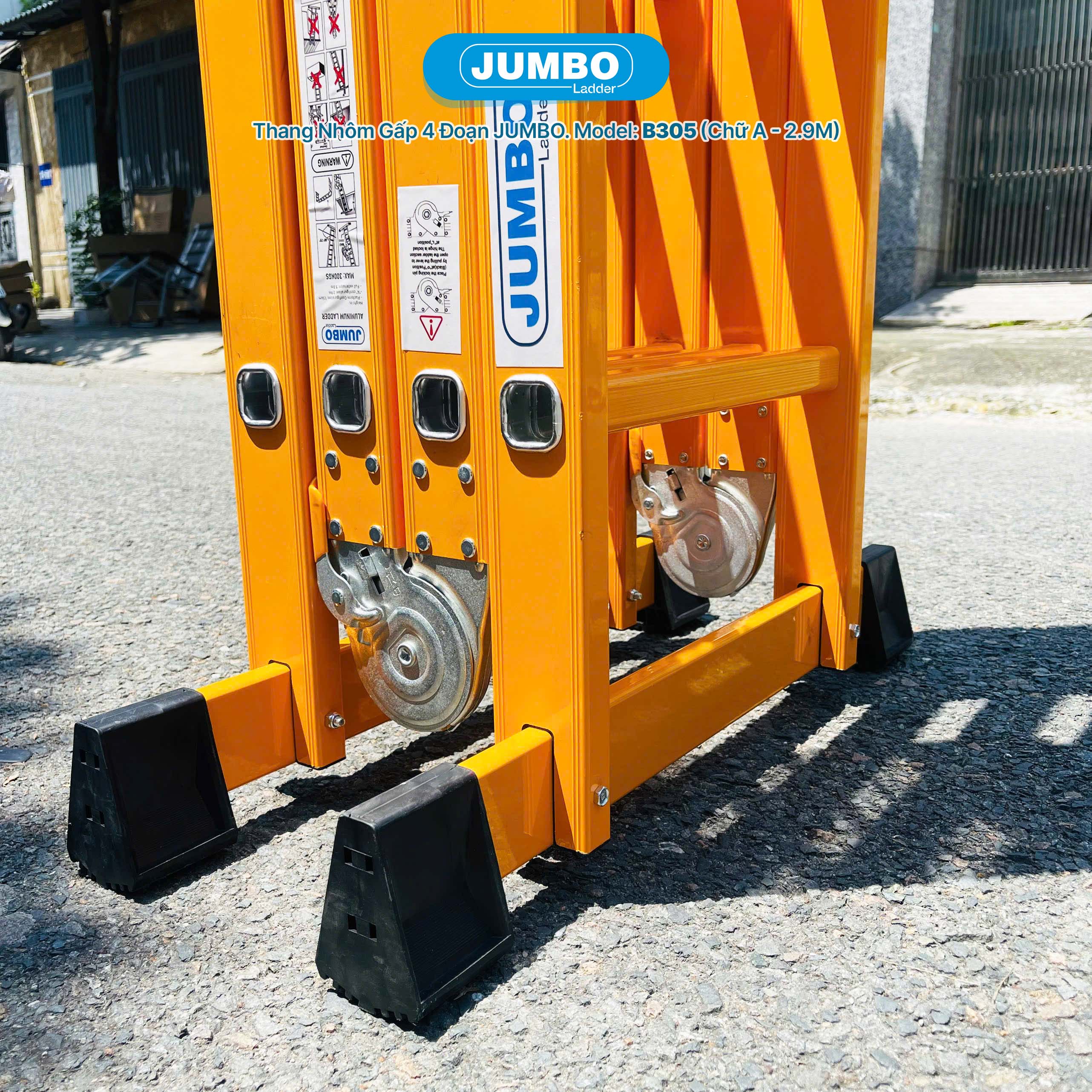 Thang Nhôm Gấp 4 đoạn JUMBO B305 - Chữ A 2.8m, Tải 300kg, Nhẹ 15.3kg