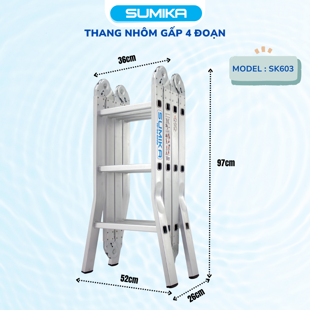 Thang Nhôm Gấp 4 đoạn SUMIKA SK603 - Chữ A 1.7m / Chữ I 3.4m, Tải 150kg