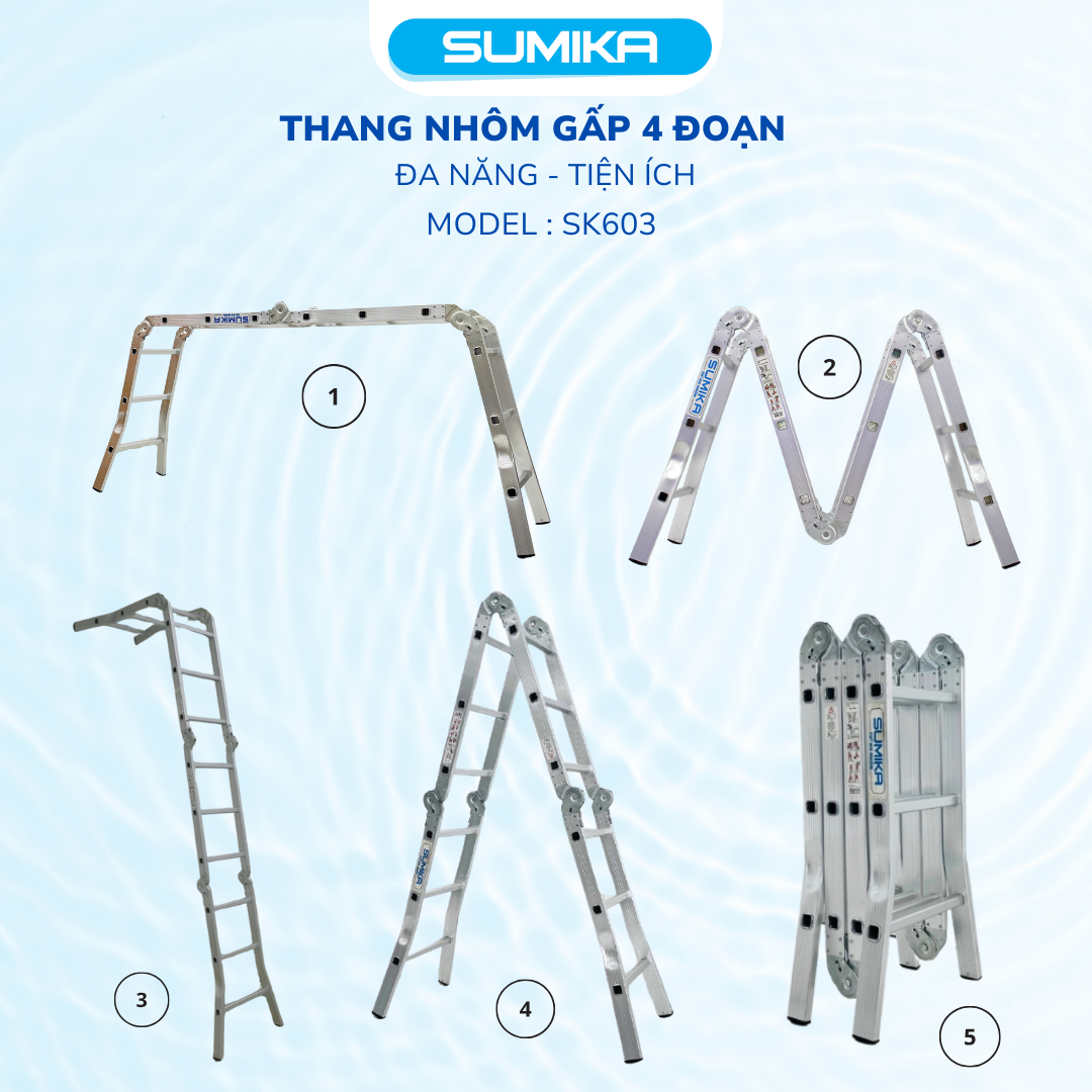 Thang Nhôm Gấp 4 đoạn SUMIKA SK603 - Chữ A 1.7m / Chữ I 3.4m, Tải 150kg