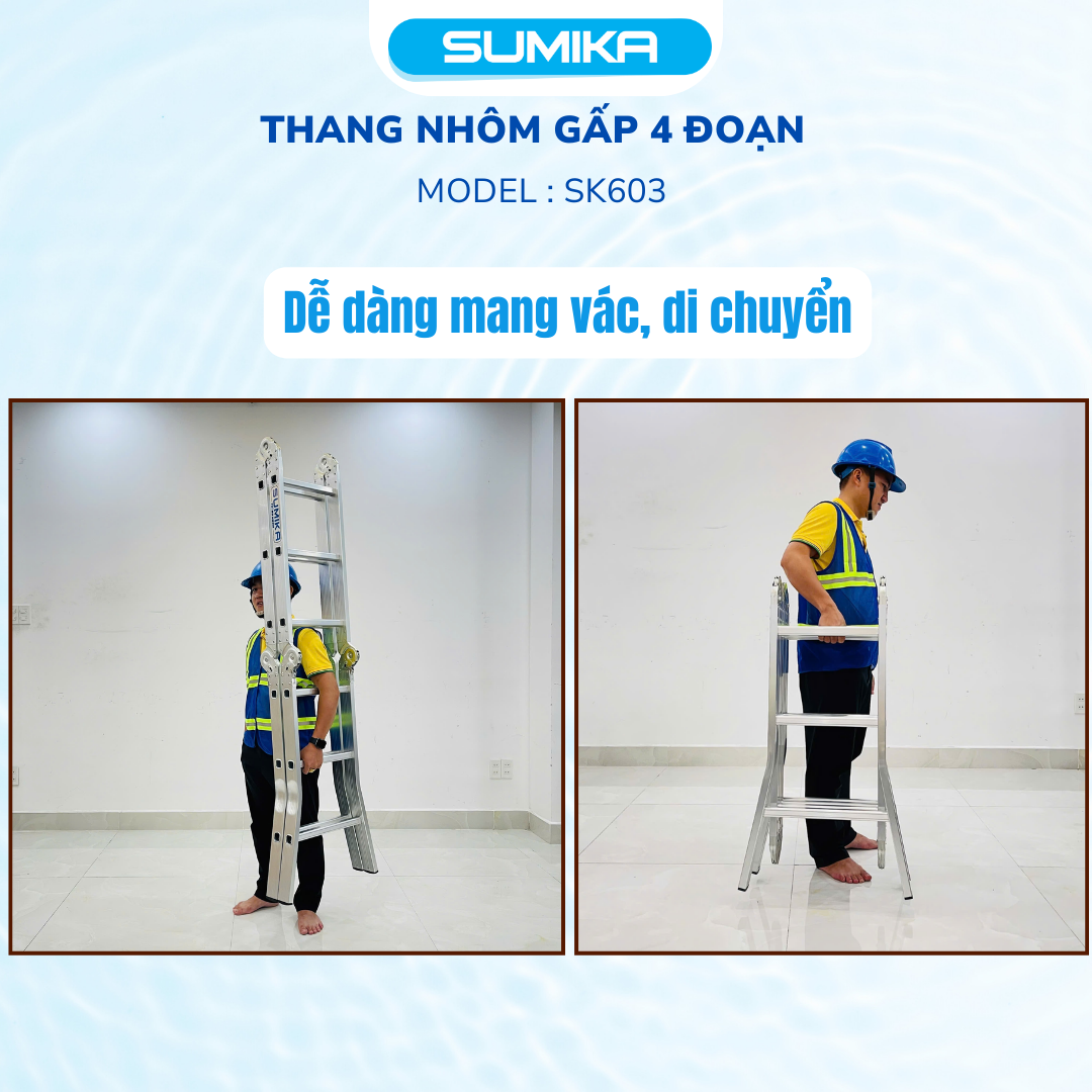 Thang Nhôm Gấp 4 đoạn SUMIKA SK603 - Chữ A 1.7m / Chữ I 3.4m, Tải 150kg