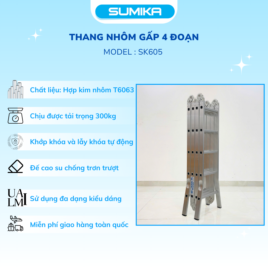 Thang Nhôm Gấp 4 đoạn SUMIKA SK605 - Chữ A 2.9m, Chữ I 5.8m, Tải 150kg