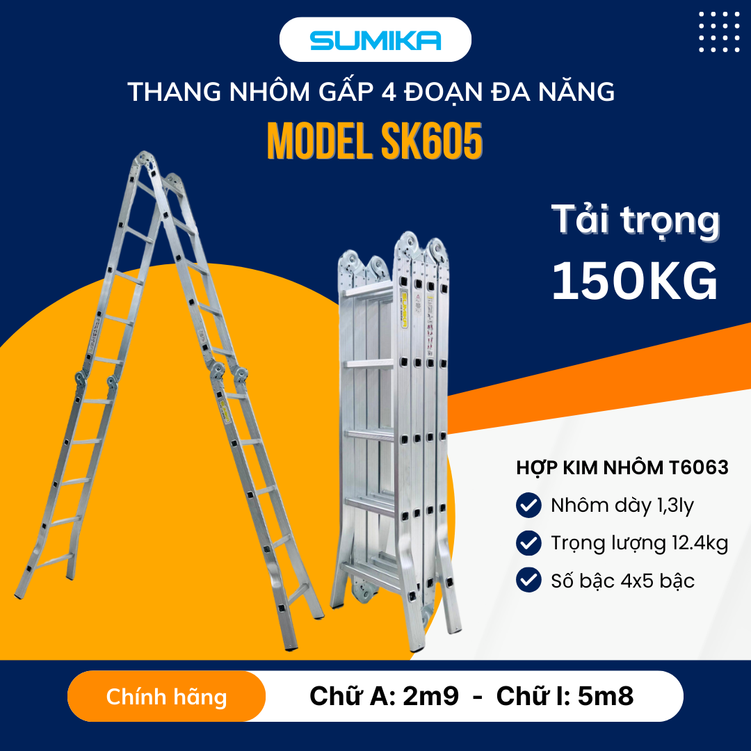Thang Nhôm Gấp 4 đoạn SUMIKA SK605 - Chữ A 2.9m, Chữ I 5.8m, Tải 150kg