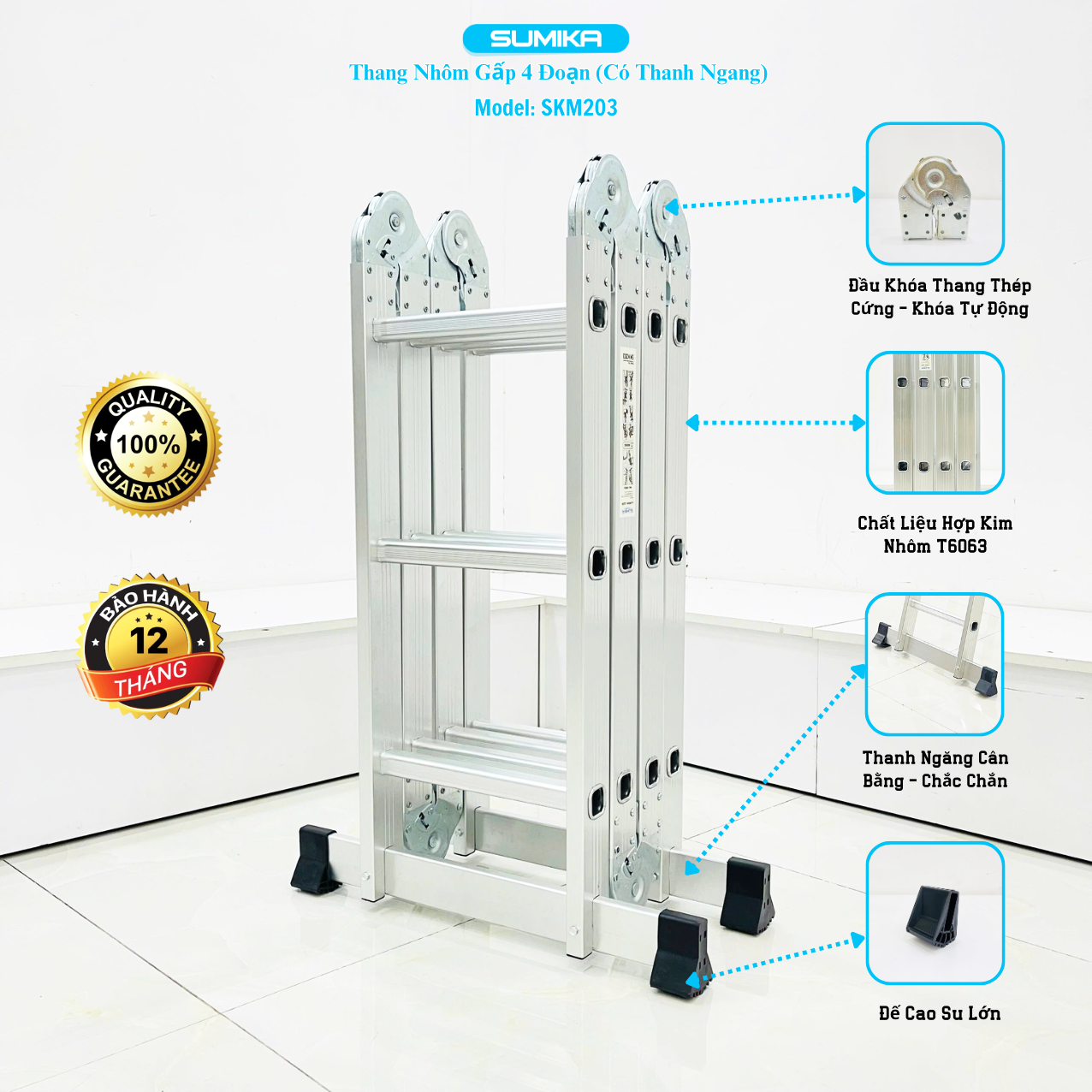 Thang Nhôm Gấp 4 đoạn SUMIKA SKM203 - Chữ A 1.7m, Duỗi 3.4m, Tải 300kg