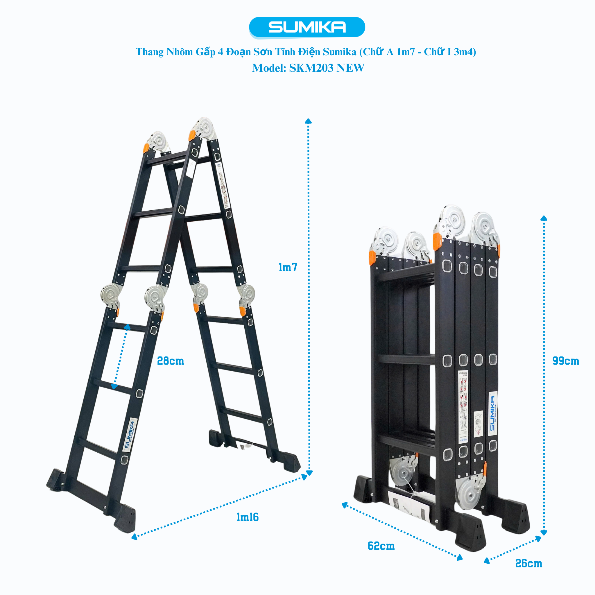 Thang Nhôm Gấp 4 đoạn SUMIKA SKM203 NEW, Chữ A 1.73m - Chữ I 3.58m, Tải 150kg, Hợp Kim Bền