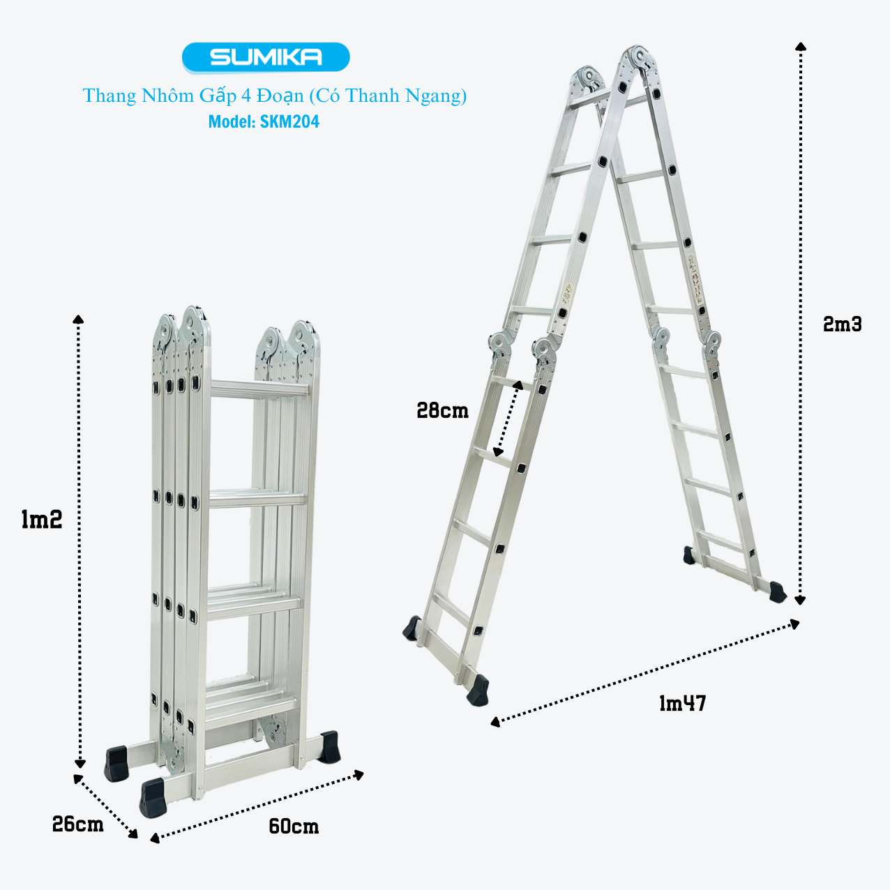 Thang Nhôm Gấp 4 đoạn SUMIKA SKM204 - Chữ A 2.3m, Chữ I 4.6m, Tải 300kg