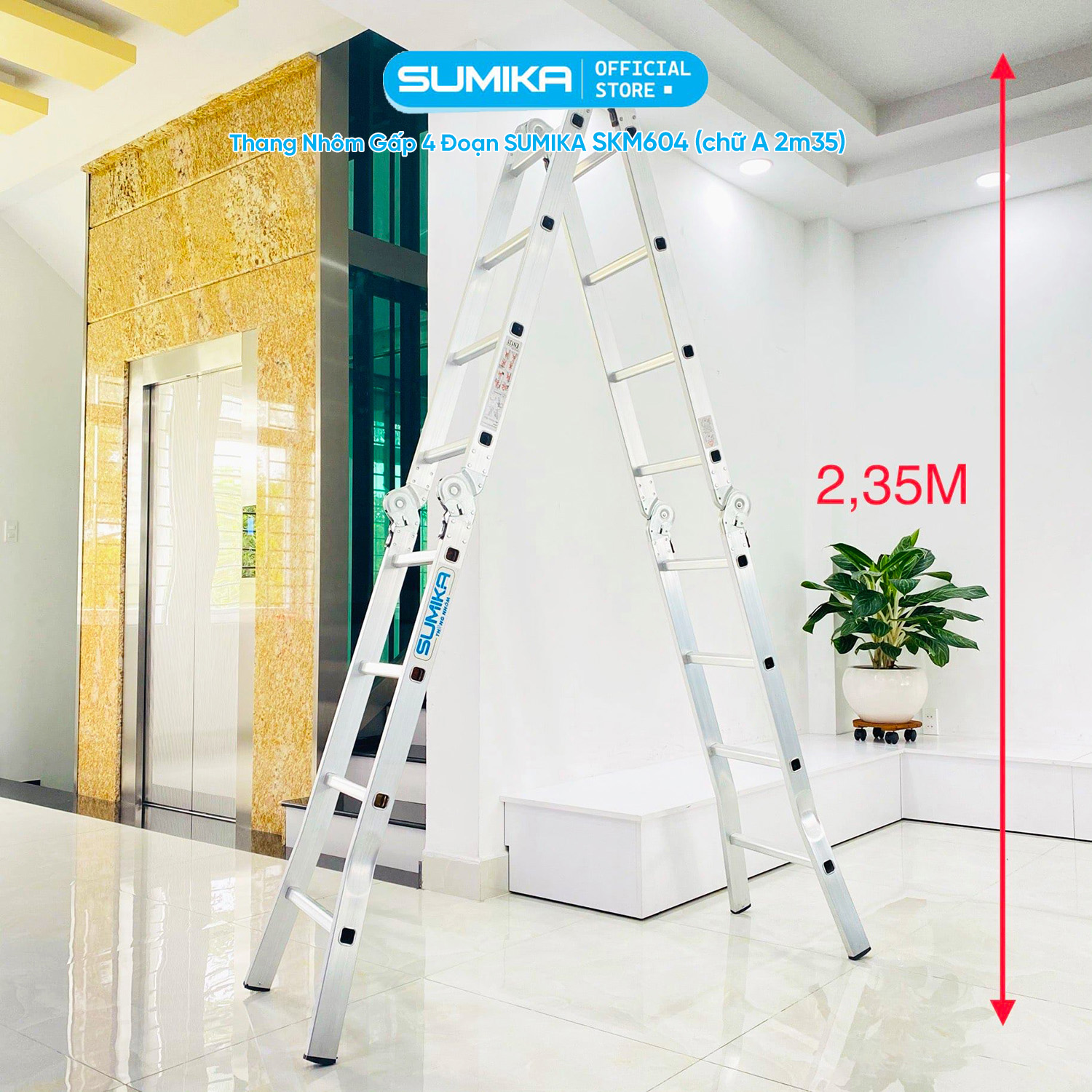 Thang Nhôm Gấp 4 đoạn SUMIKA SKM604 - Chữ A 2.35m, Chữ I 4.7m, Tải 150kg