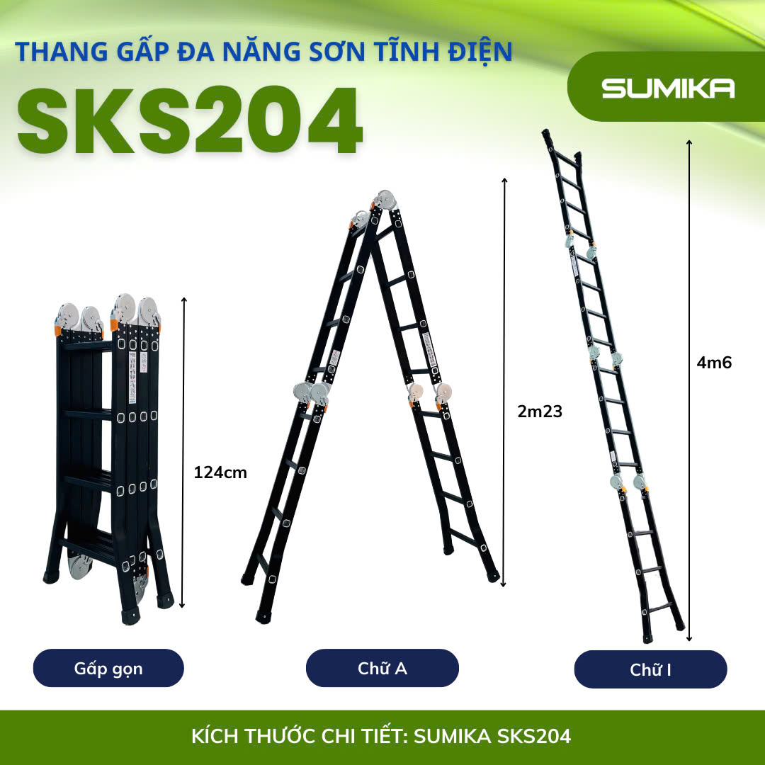 Thang Nhôm Gấp 4 đoạn SUMIKA SKS204 - Chữ A 2.35m, Chữ I 4.6m, Tải 300kg