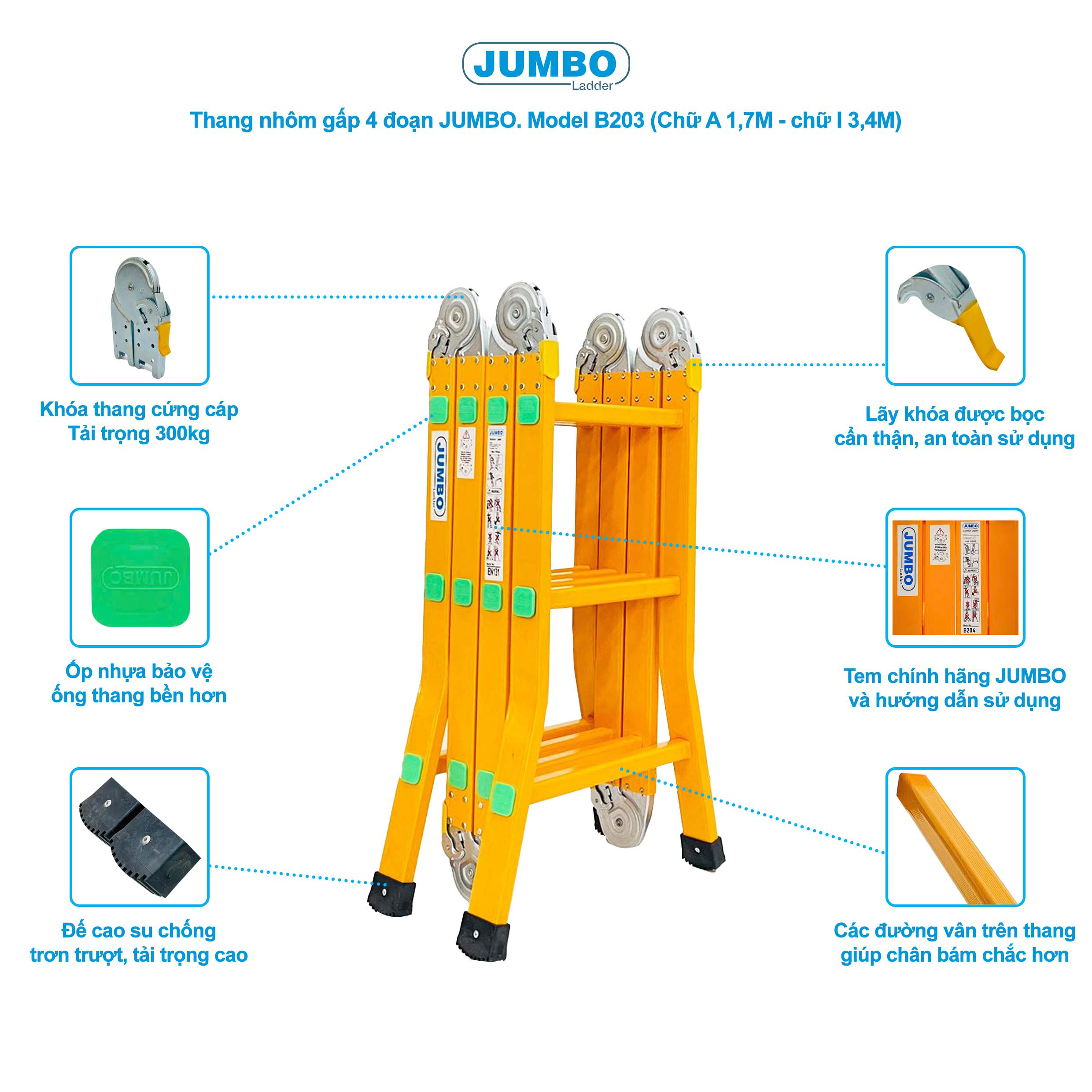 Thang Nh&ocirc;m Gấp đa Năng 12 Bậc JUMBO B203 - 4 đoạn, Chịu Tải 300kg