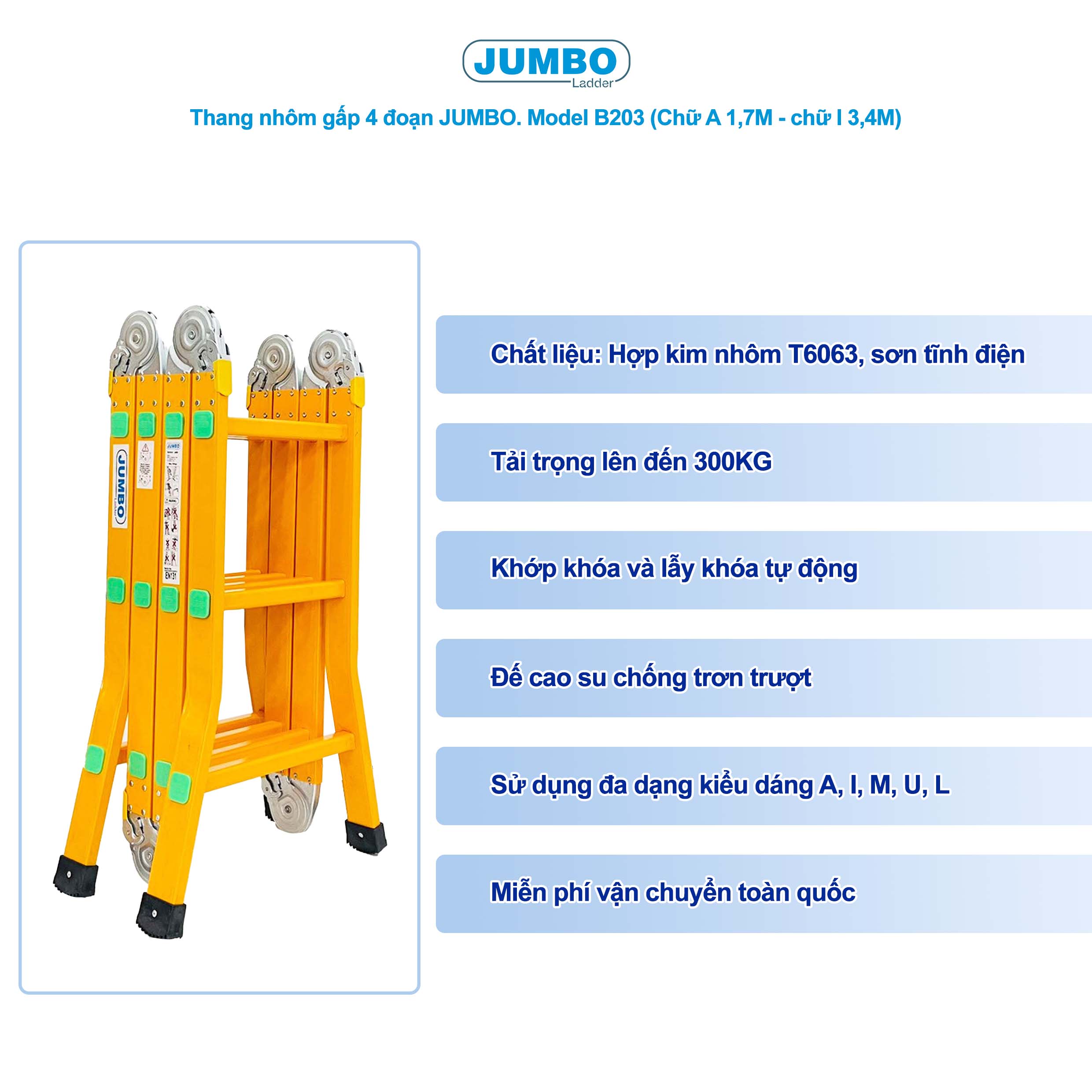 Thang Nh&ocirc;m Gấp đa Năng 12 Bậc JUMBO B203 - 4 đoạn, Chịu Tải 300kg