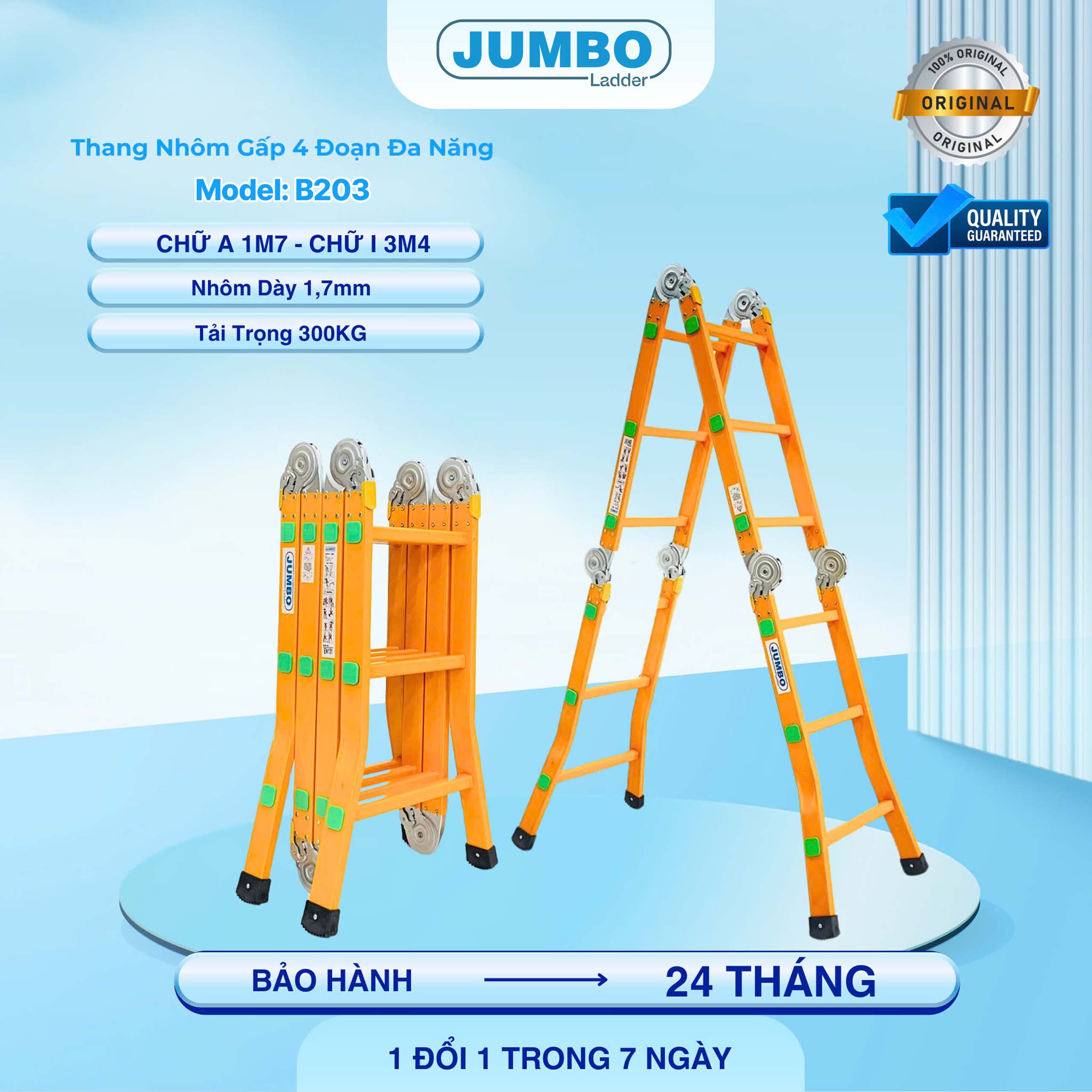 Thang Nhôm Gấp đa Năng 12 Bậc JUMBO B203 - 4 đoạn, Chịu Tải 300kg, EN131