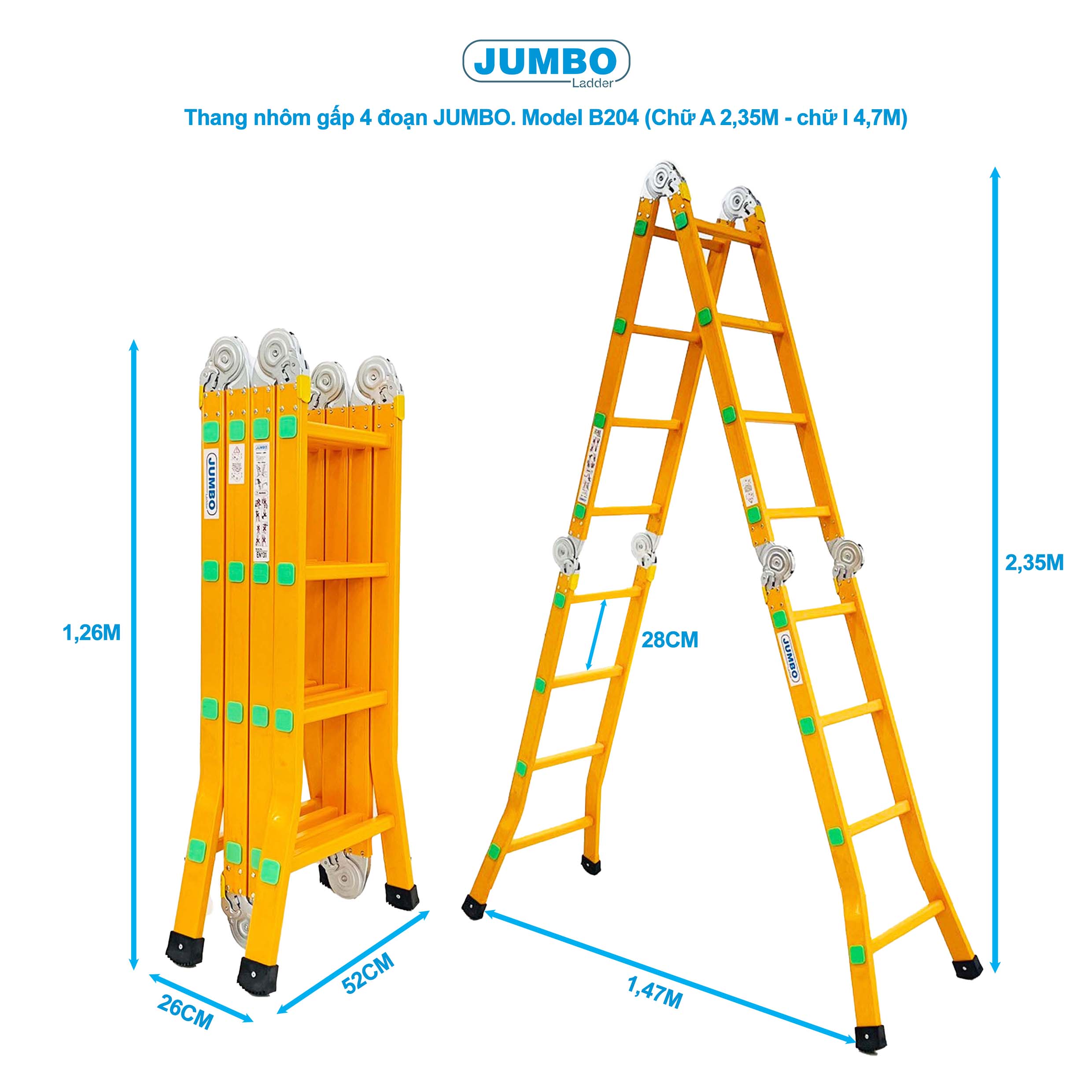 Thang Nh&ocirc;m Gấp đa Năng 16 Bậc JUMBO B204 - 4 đoạn, Tải Trọng 300kg
