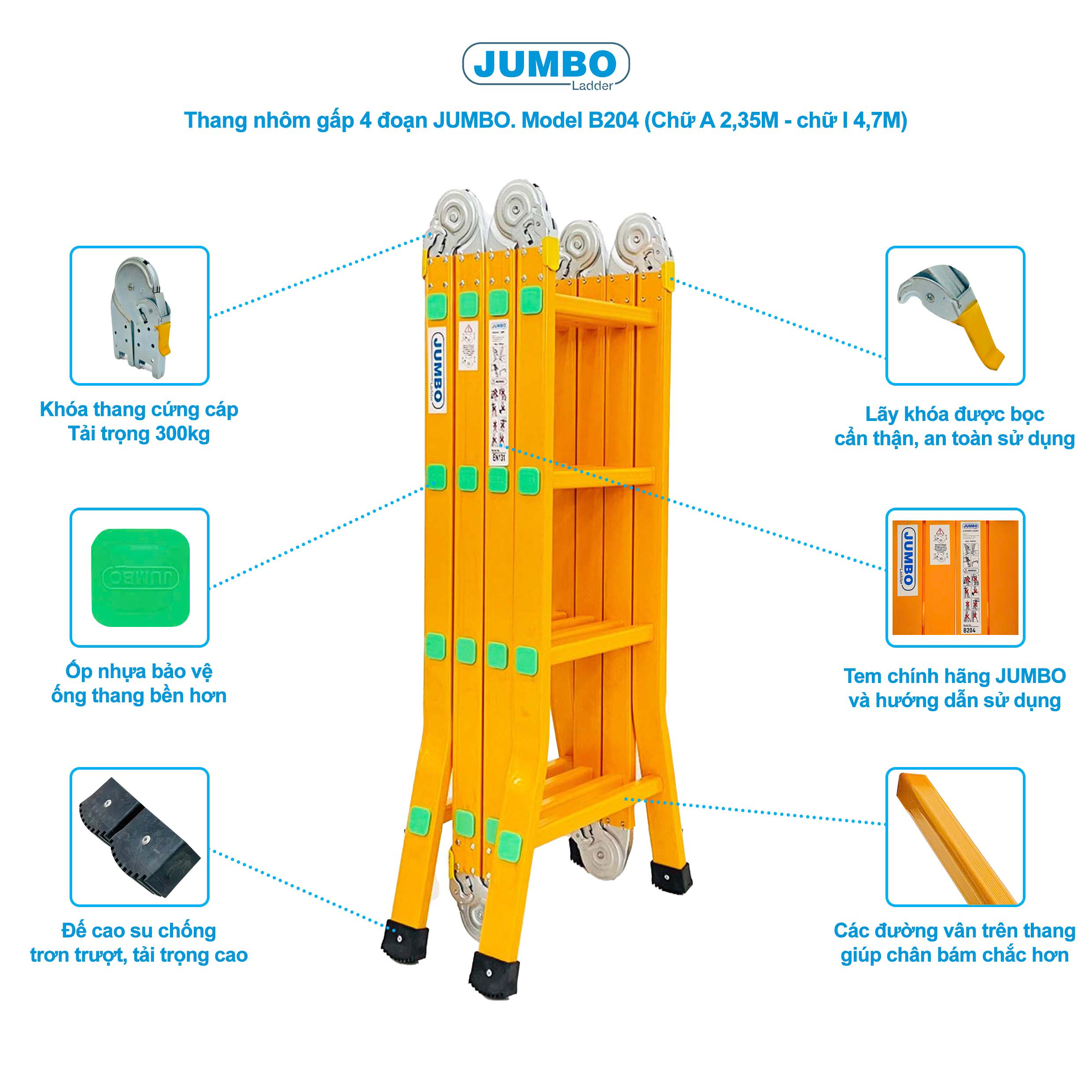 Thang Nhôm Gấp đa Năng 16 Bậc JUMBO B204 - 4 đoạn, Tải Trọng 300kg